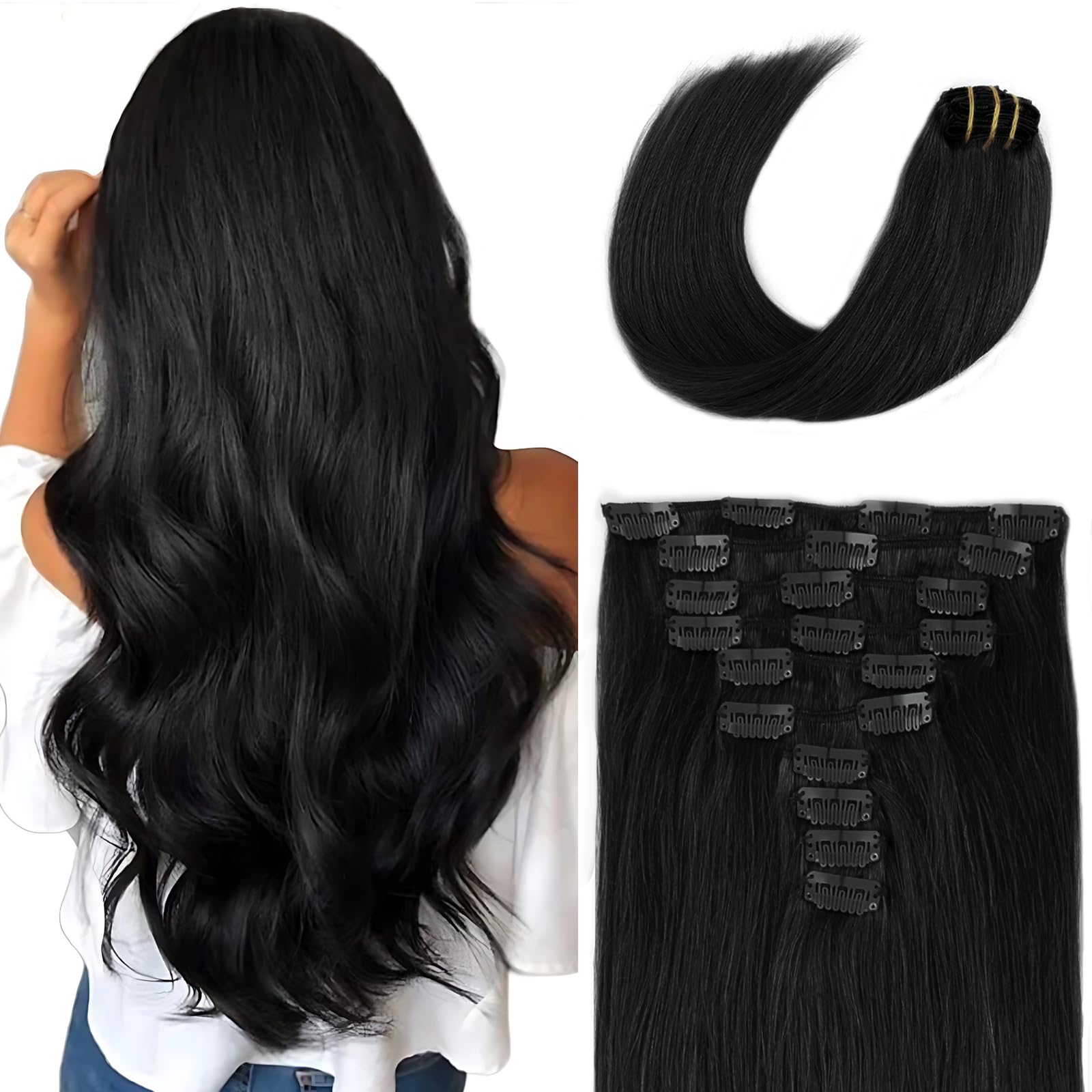 SixStarHair Jet Black Clip In Hair Extensions 180g 10 Pieces 20inch - Remy Virgin Human Hair Double Wefted Thick Sewn In Clip On Extensions for Quick Application - Perfect for Parties, Weddings & Daily Styling [Color 1 Jet Black 20inch]