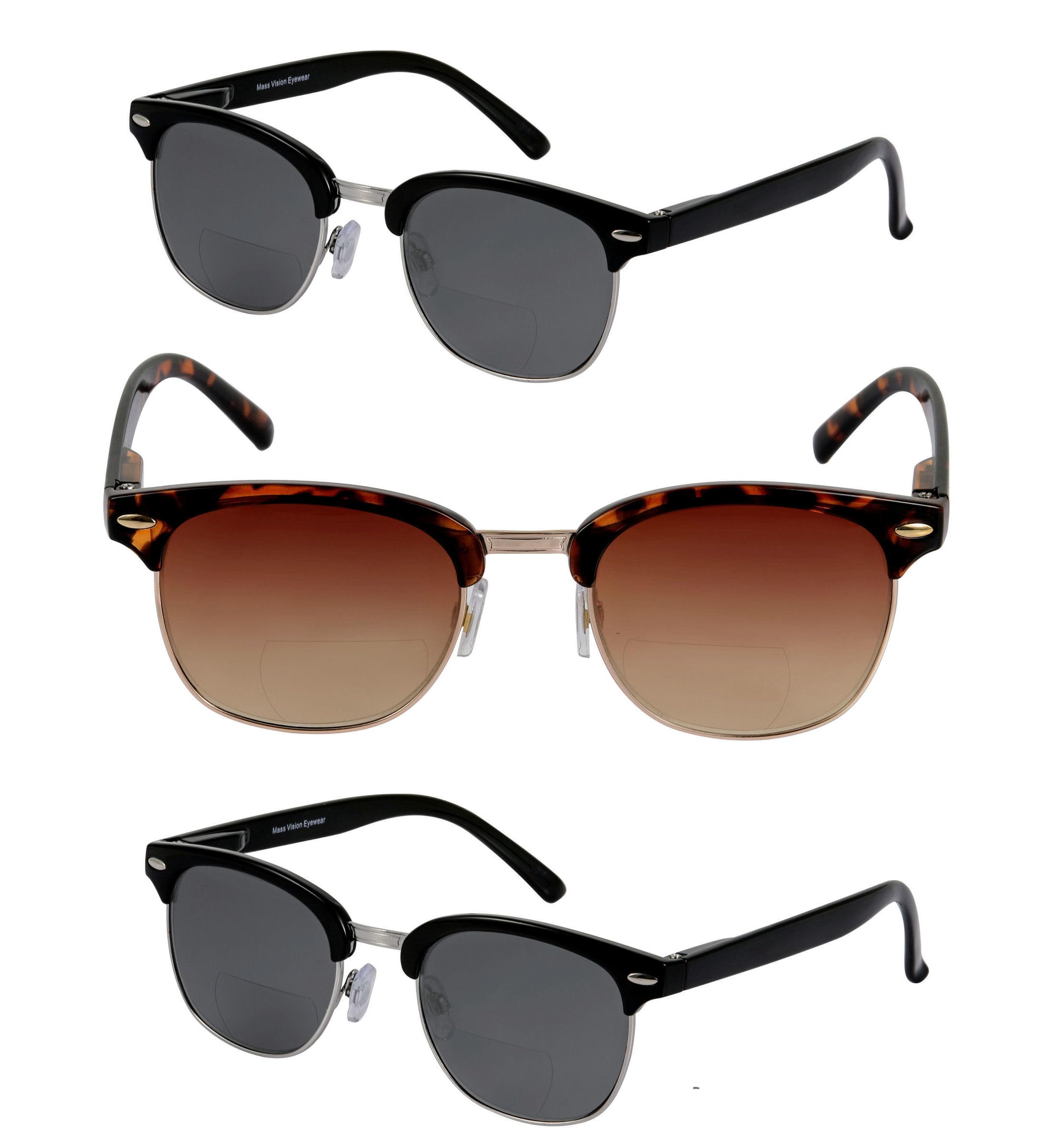 Unisex Bifocal Reading Sunglasses - Classic Semi-Rimless Lightweight Design with Spring Hinges (3-Pack) | Perfect for Outdoor Reading, Driving & Computer Work