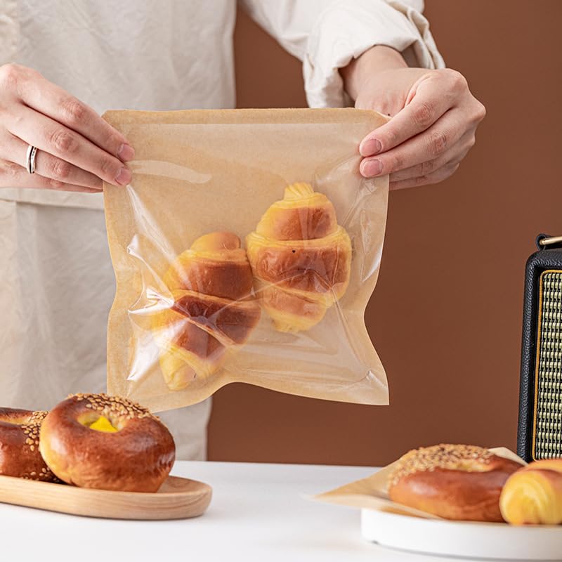 Ocmoiy 200 Count Heat-Sealable Bakery Bags with Clear Window - 7.1x7.5 Inch Grease-Resistant Paper Treat Bags for Cookies, Donuts & Egg Sandwiches | Perfect for Bakery Packaging, Takeout & Food Storage