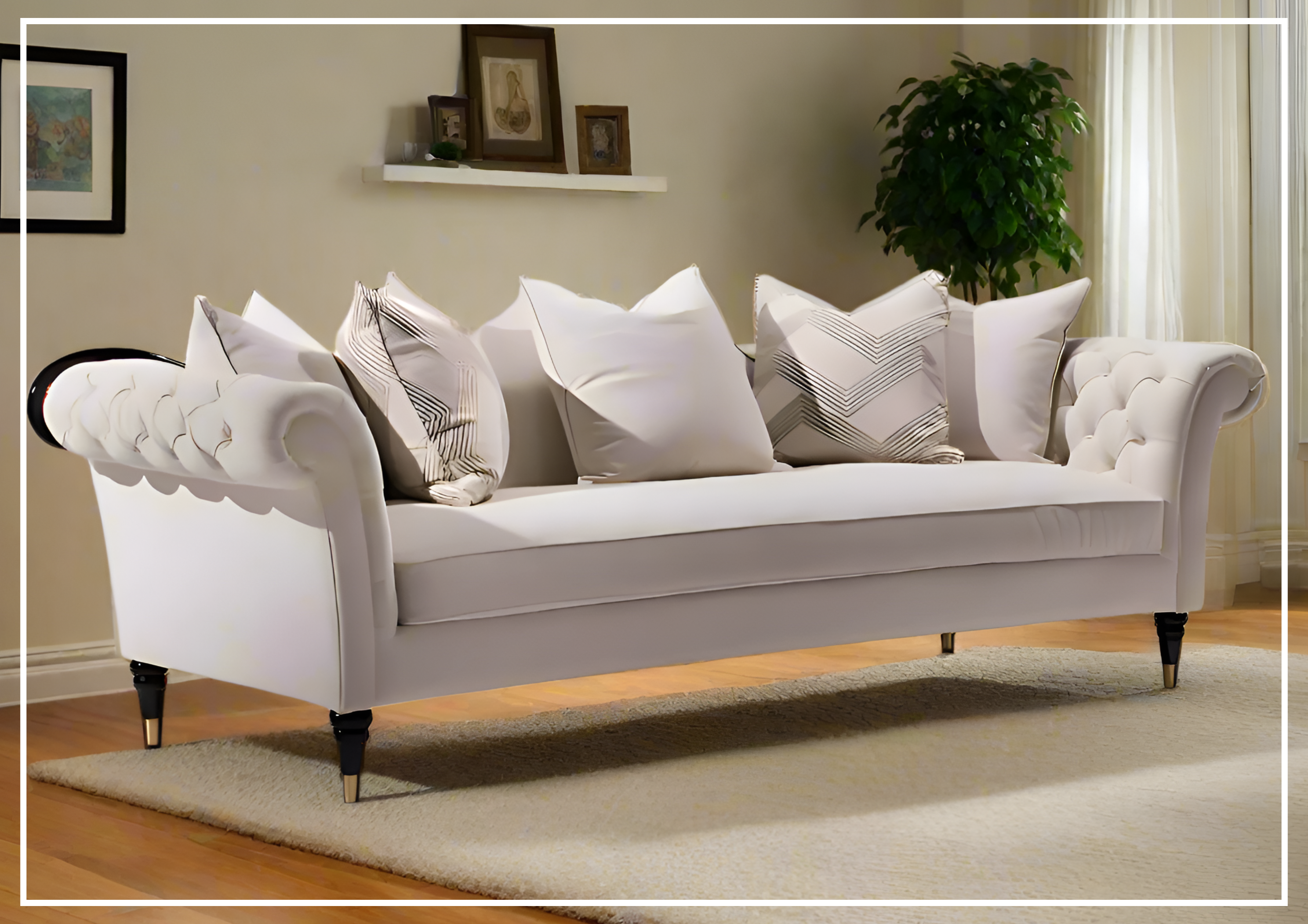 Klaussner Darla 3-Seater Beige Fabric Sofa with Tufted Rolled Arms - Modern Living Room Furniture for Small Spaces & Cozy Home Decor