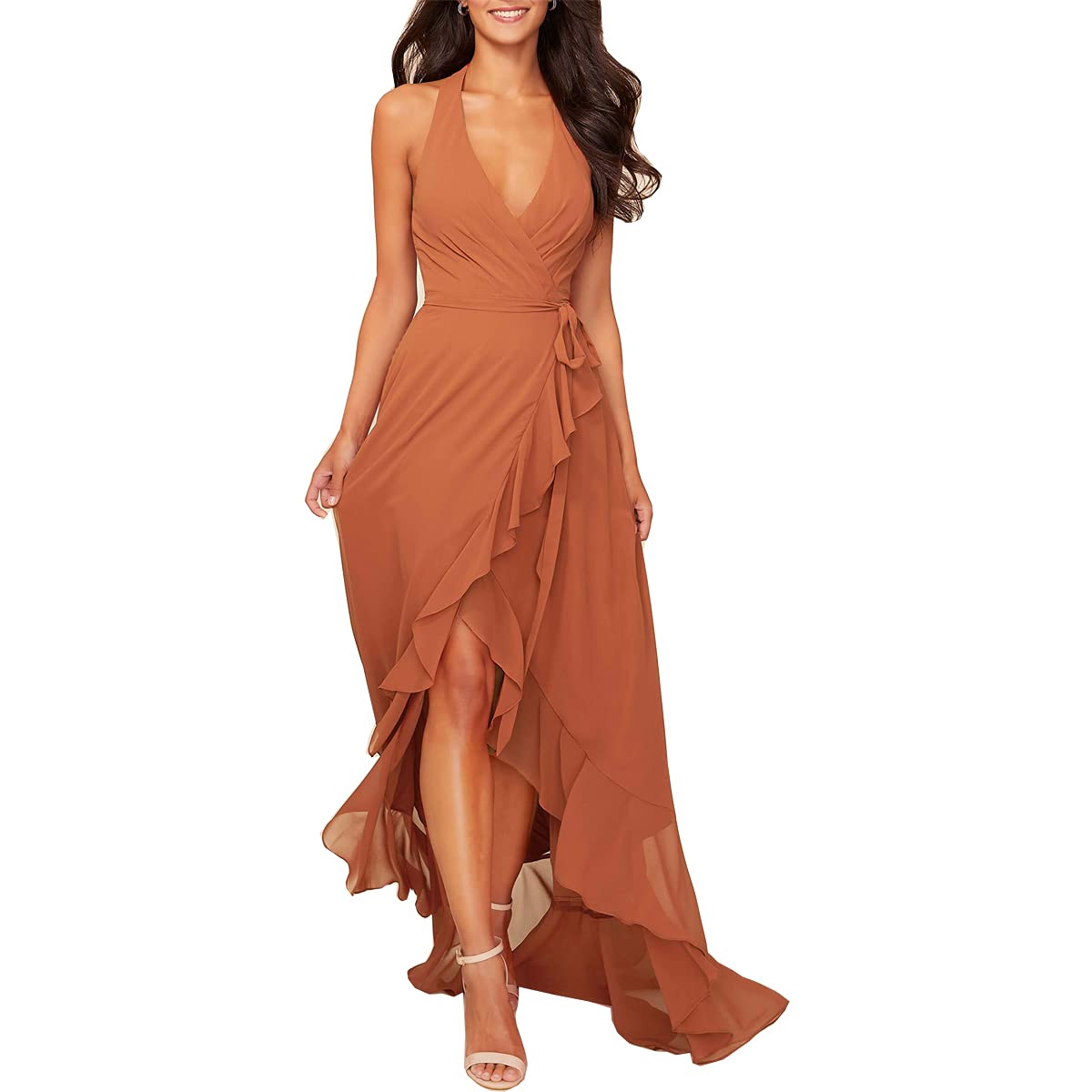 Xuqikai 2022 Women's A-line Chiffon Bridesmaid Dress with High-Low Hem & Pleated Suspender - Perfect for Weddings, Parties & Special Occasions