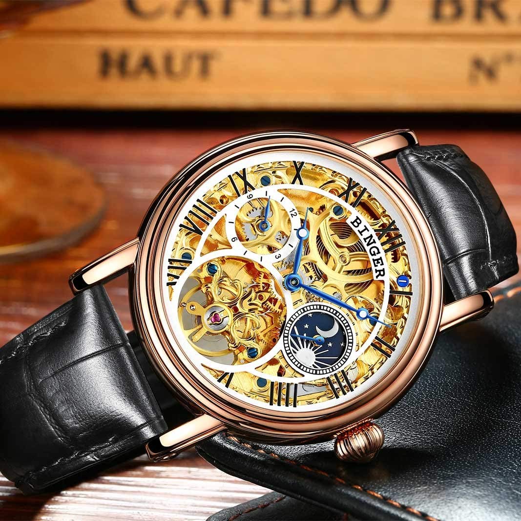 MASTOP Automatic Mechanical Skeleton Watch for Men - Gold/Silver Stainless Steel Case with Black Leather Band - Luxury Dress & Business Watch for Formal Occasions