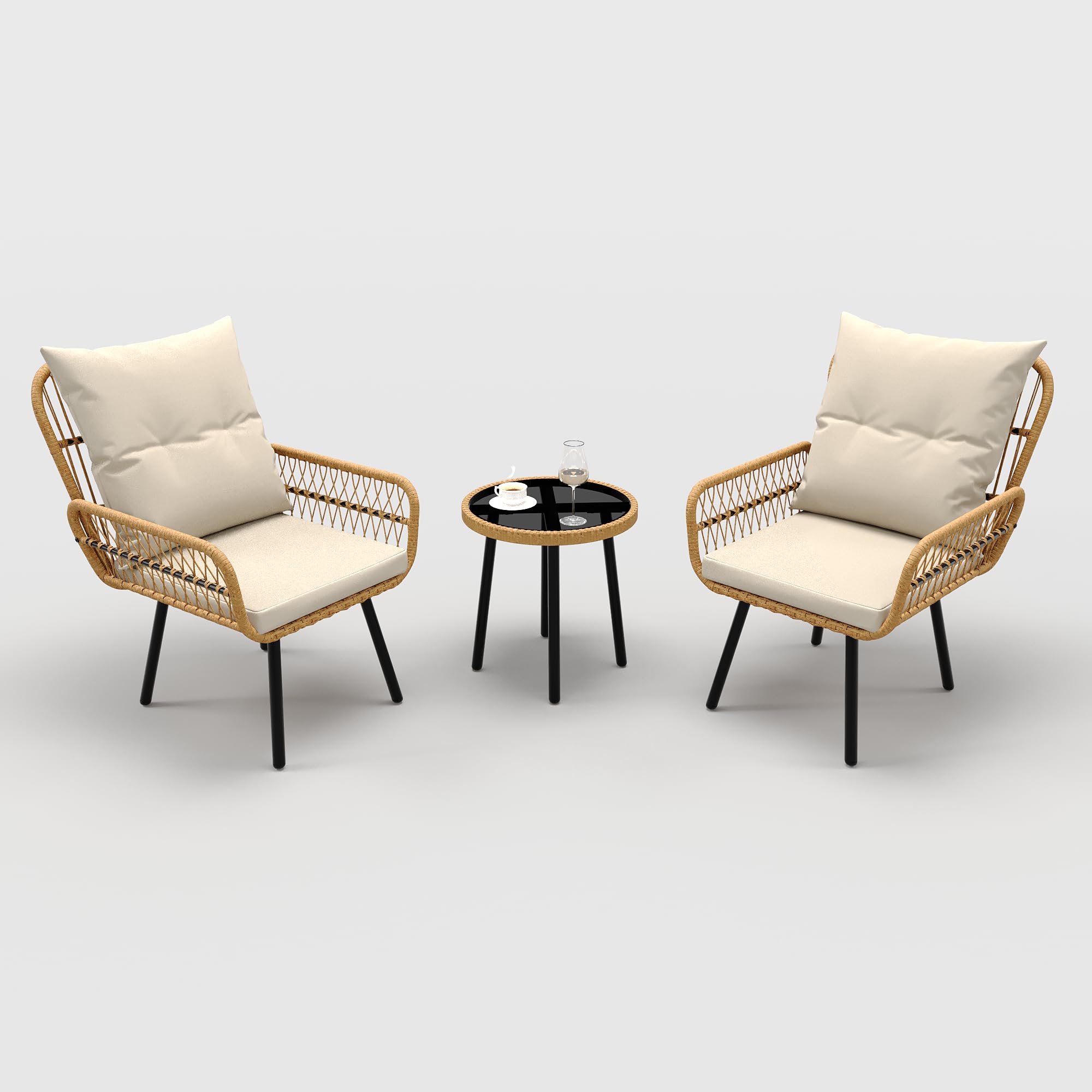 GARVEE 3-Piece Outdoor Wicker Patio Bistro Set - All-Weather Rattan Conversation Set with Glass Top Coffee Table & Cushioned Chairs - Perfect for Poolside, Garden, Backyard, Balcony & Patio Decor - Beige