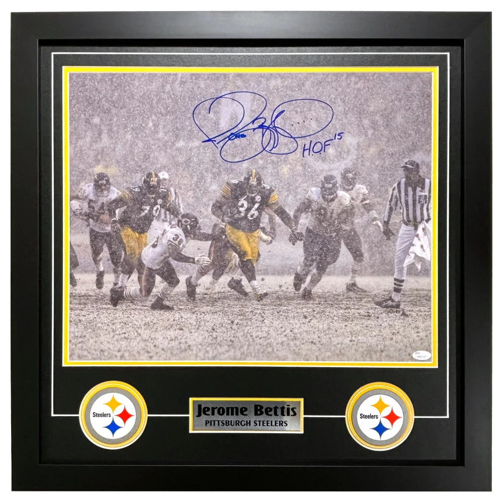 Jerome Bettis Autographed Pittsburgh Steelers 16x20 Framed Photo - Signed Snow JSA Certified - Perfect for Sports Memorabilia Collectors, Man Cave Decor, and Steelers Fan Gifts