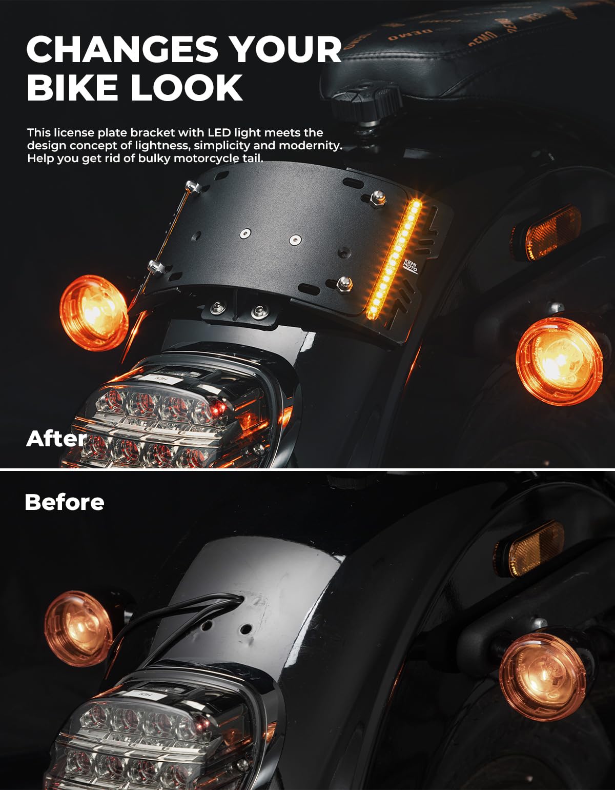 KEMIMOTO Motorcycle Curved Laydown License Plate Bracket with Amber LED Lights - 3 Hole Mount for Harley Softail, Cruiser & Low Rider Models (Black) - Perfect for Night Riding & Custom Bike Builds