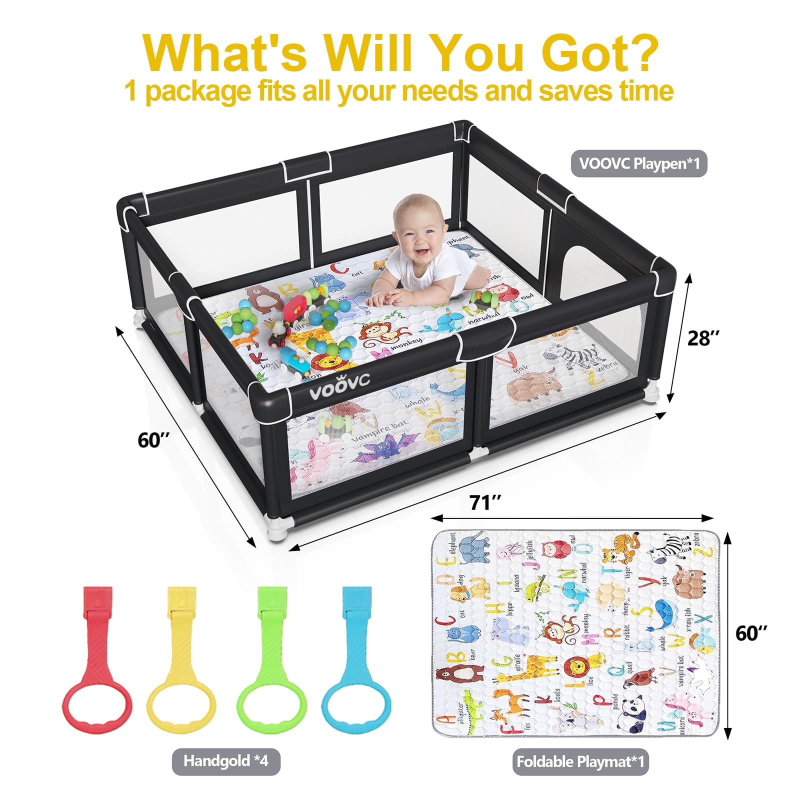**Extra Large 71x60 Inches Black Baby Playpen with Mat - Safe Indoor & Outdoor Activity Center for Babies & Toddlers, Play Yard with Gate Prints - Perfect for Home, Daycare & Travel**