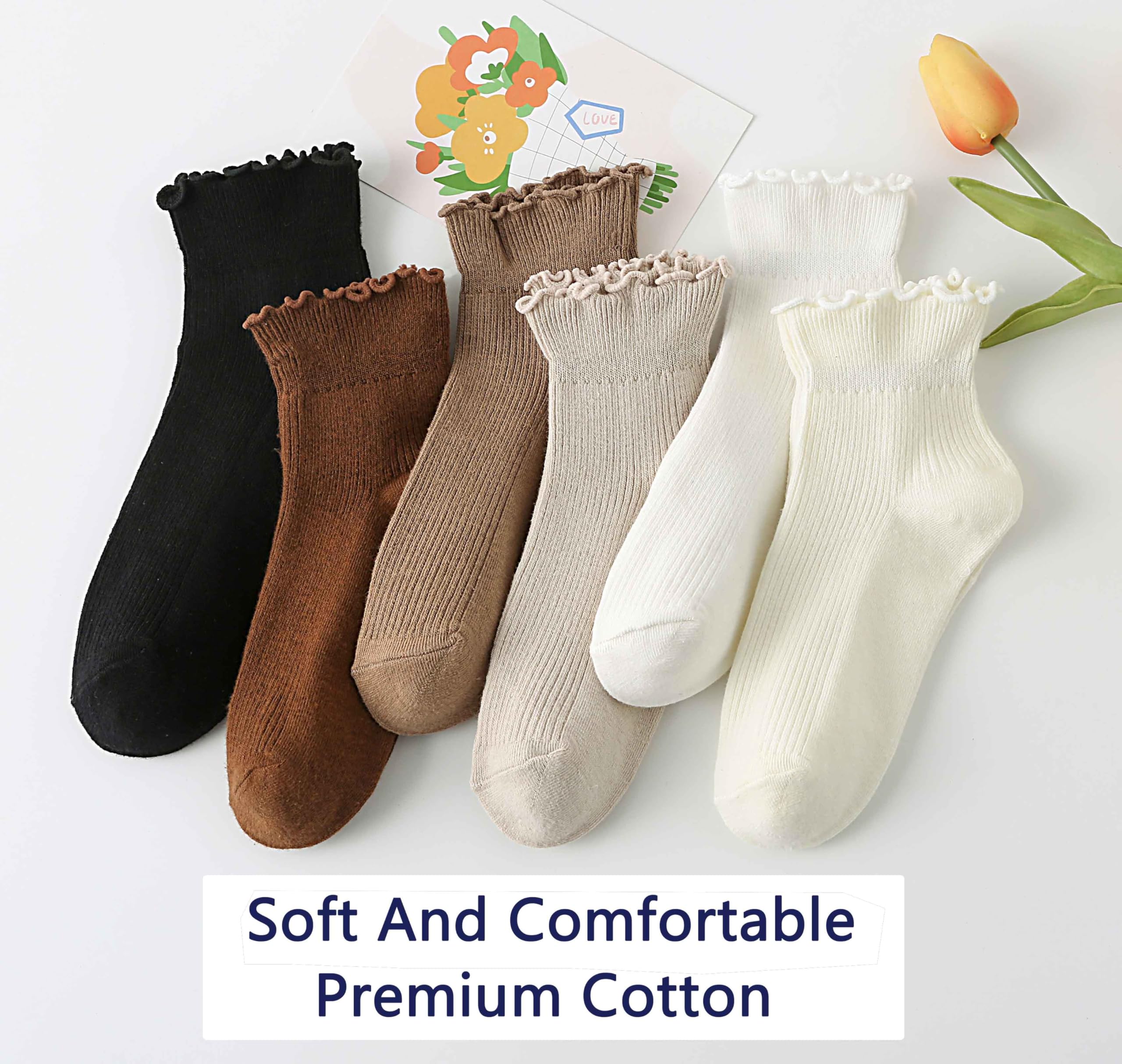 Women's Cute Ruffle Ankle Socks 6-Pack - Soft Cotton Knit Lettuce Trim Frilly Turn-Cuff Casual Socks for Everyday Wear, Outfits & Gifts
