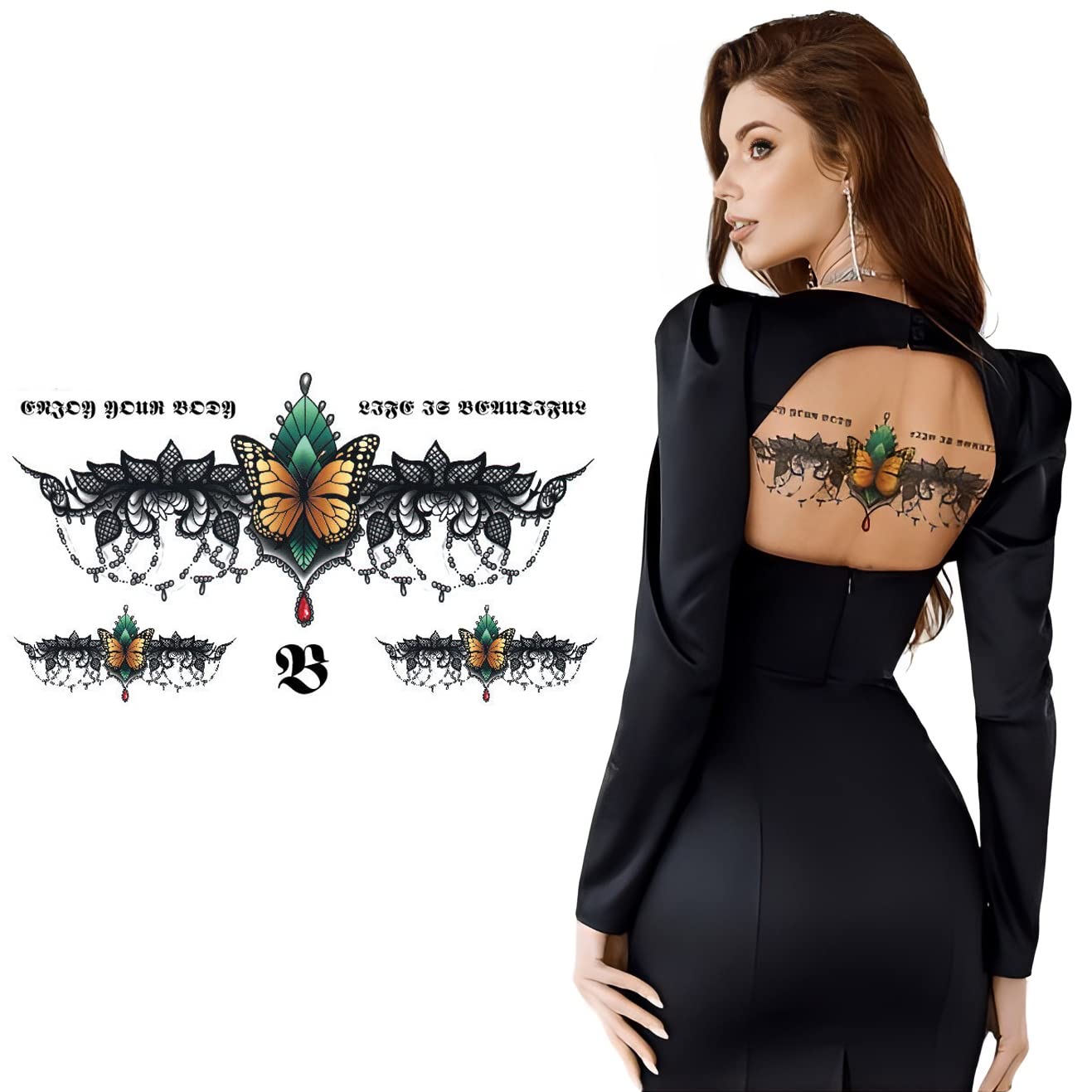 Waterproof Butterfly & Black Lace Temporary Tattoos for Chest, Waist, Back - 24x14cm Fake Tattoo Stickers for Men & Women - Perfect for Parties, Halloween, Cosplay & Body Art