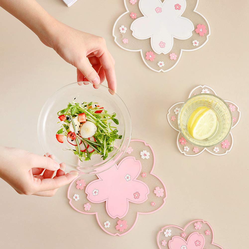 Cherry Blossom Coasters Set of 2 - Cute Pink Sakura Flower PVC Drink Coasters for Coffee, Tea, Mugs - Non-Slip Table Protectors for Home, Office Desk Decor - Perfect for Spring Tea Parties & Kawaii Aesthetic