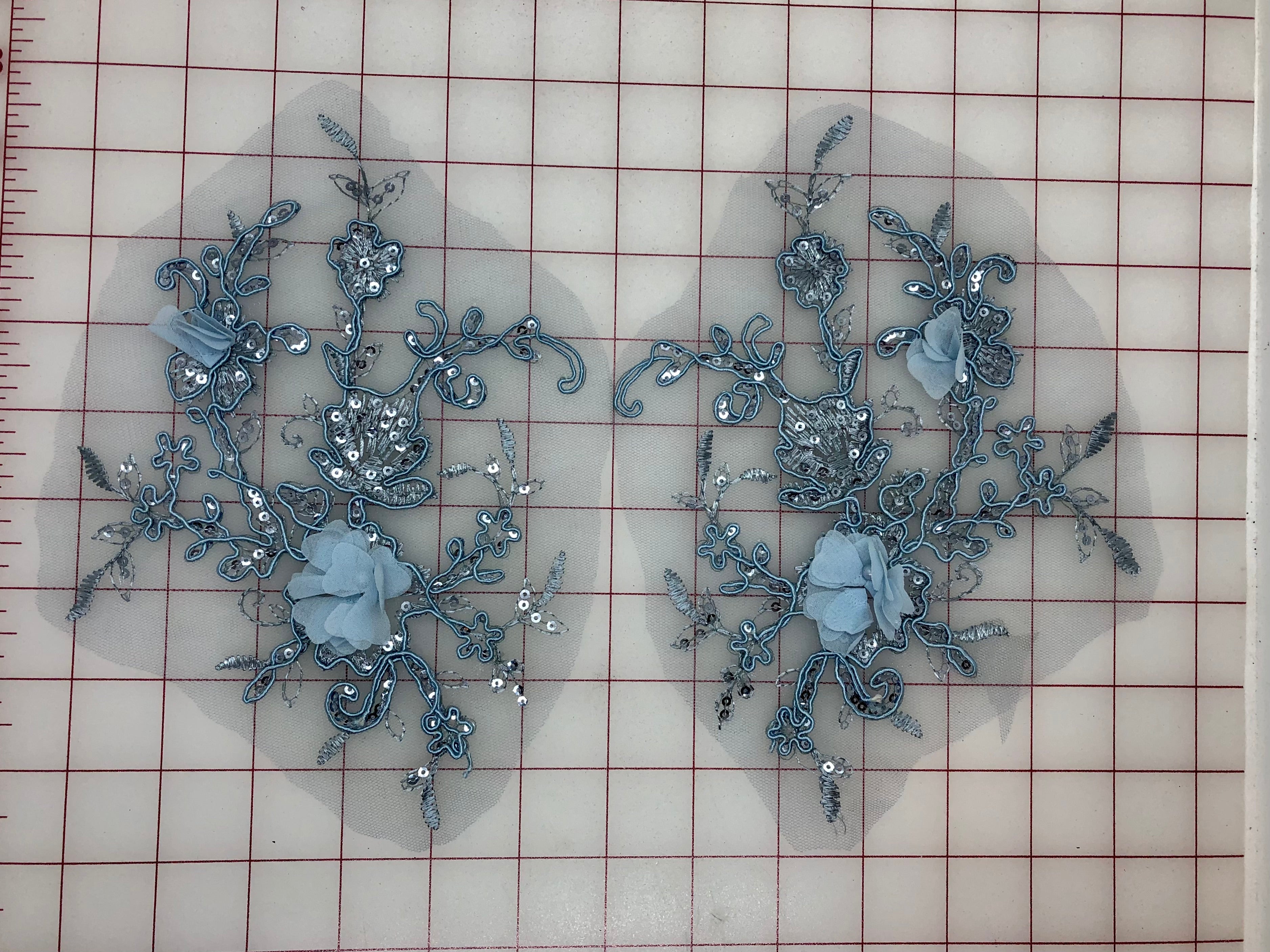 3D Sequined Lace Flower Applique Motif Pairs - Light Blue for DIY Dress, Wedding Decor, Costume Embellishment & Craft Projects