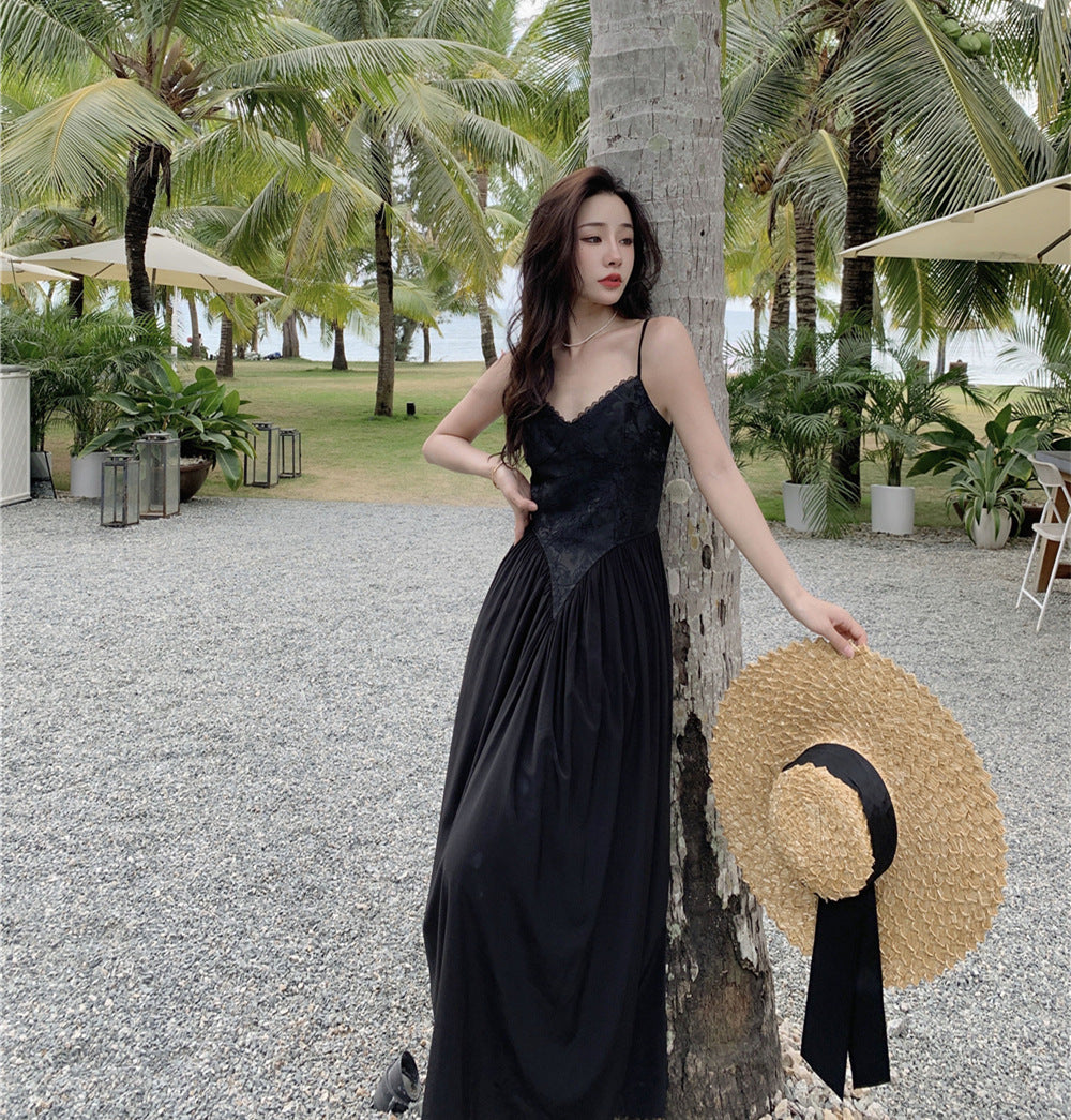 French Style Black Spaghetti Strap Dress - High Waist Retro Long Skirt for Women | Elegant Evening Wear, Summer Party Dress, Vintage Fashion Outfit