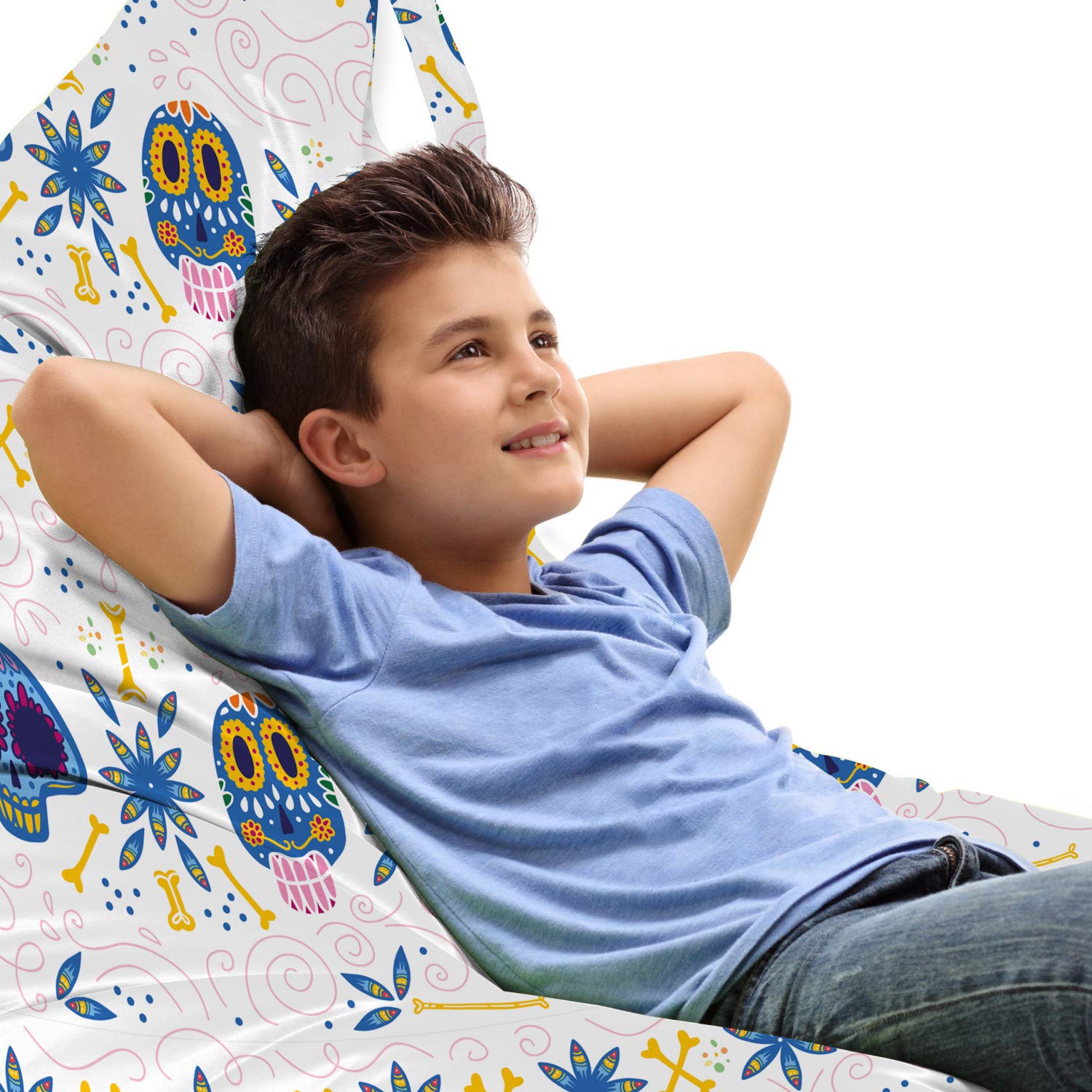 Ambesonne Cinco de Mayo Lounger Chair Bag - Large Capacity Storage with Handle - Sugar Skulls, Bones & Floral Pattern - Azure Blue Multicolor - Perfect for Beach, Picnic, Camping & Outdoor Relaxation