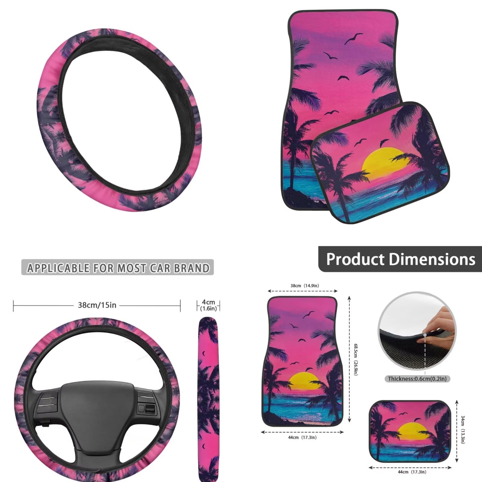 Pensura Beach Sunset Palm Tree Universal Car Seat Covers - Fits Most Sedans, SUVs & Vans - Front & Rear Bench Protector with Steering Wheel Cover & Headrest Covers - Complete Car Interior Set for Beach Trips & Summer Road Travel