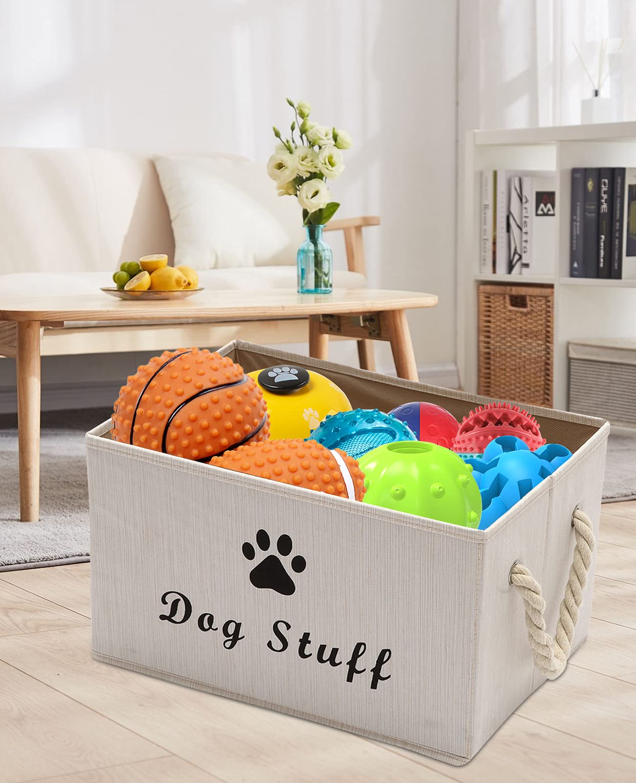 Morezi Canvas Pet Toy Storage Bin & Organizer Basket - White | Perfect for Dog & Cat Toys, Blankets, Leashes, Food | Ideal for Living Room, Bedroom & Pet Play Areas