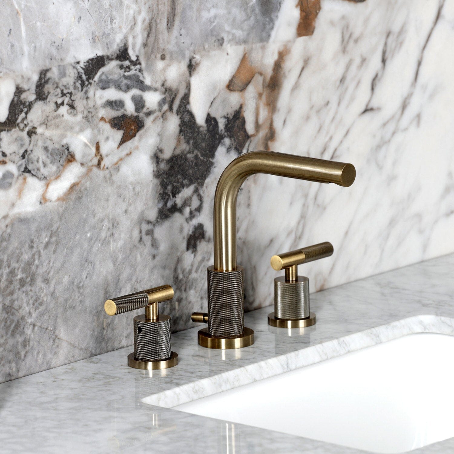 Convergent Two Handle 3 Hole Deck Mount Widespread Bathroom Faucet with Knurled Handle and Brass Pop Up - Modern Brass Bathroom Sink Faucet for Vanity, Powder Room & Guest Bath Installation