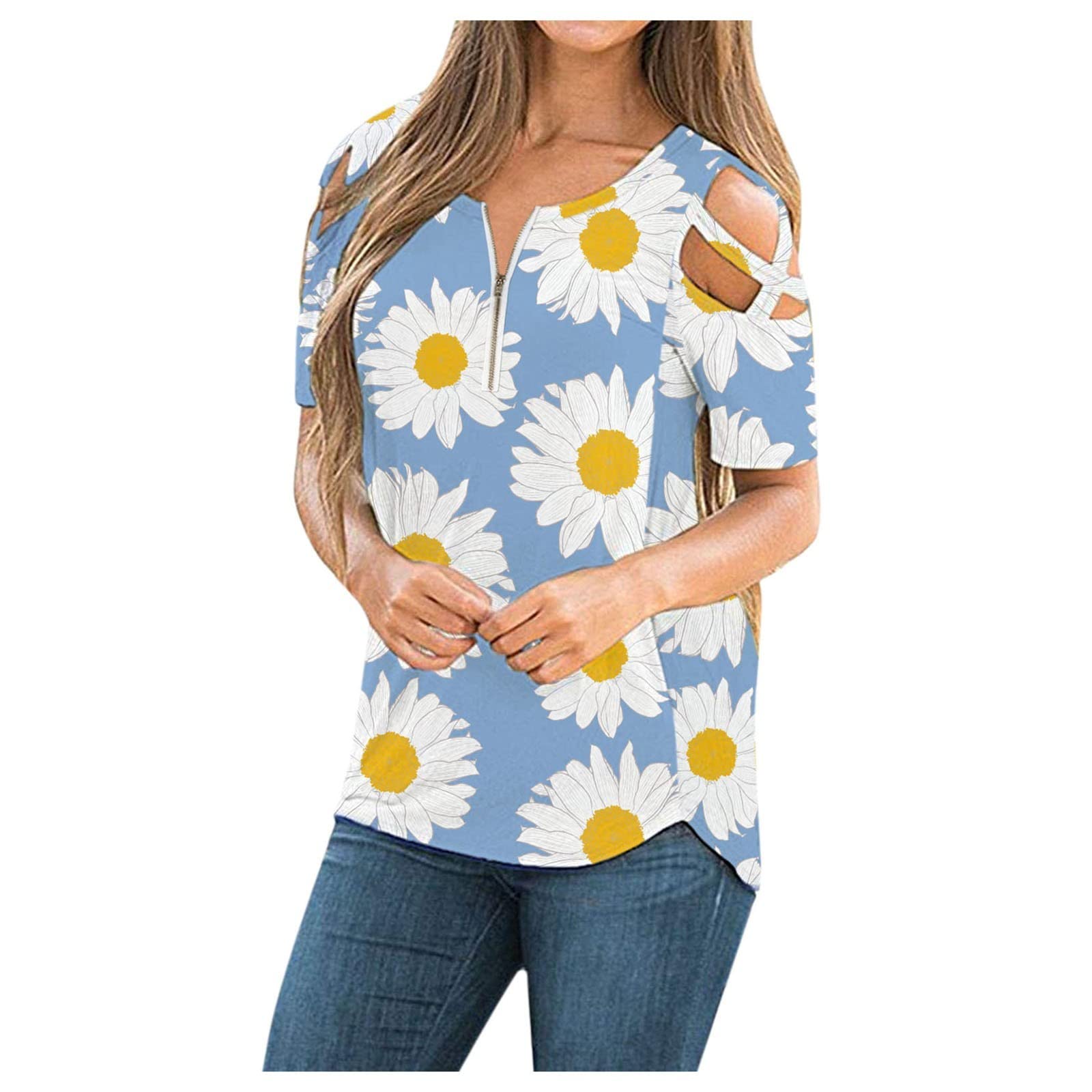 Women's Casual Loose Strappy Cold Shoulder O-Neck Zipper Top - Basic Shirt Blouse for Everyday Wear | Perfect for Summer Outfits, Beach Cover-ups & Date Nights
