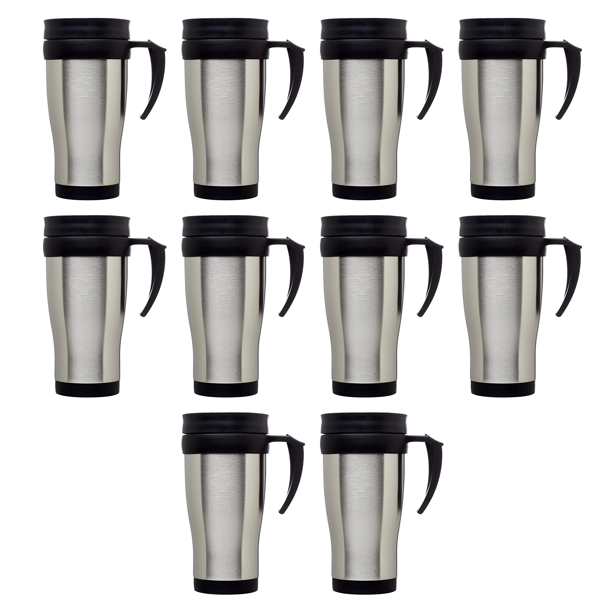 Premium 14 oz Stainless Steel Travel Mugs with Handle - Set of 10 Bulk Pack - Insulated Hot & Cold Beverage Containers for Coffee, Tea, Soda - Ideal for Office, Camping, Travel & Gifts - Silver