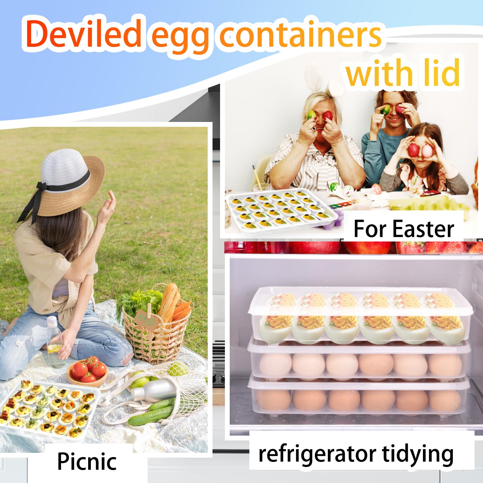 3 Pack Portable Deviled Egg Tray Carrier with Lid - 72 Egg Storage Container for Refrigerator, Easter & Thanksgiving Party - Perfect for Home Kitchen, Picnics, and Holiday Gatherings
