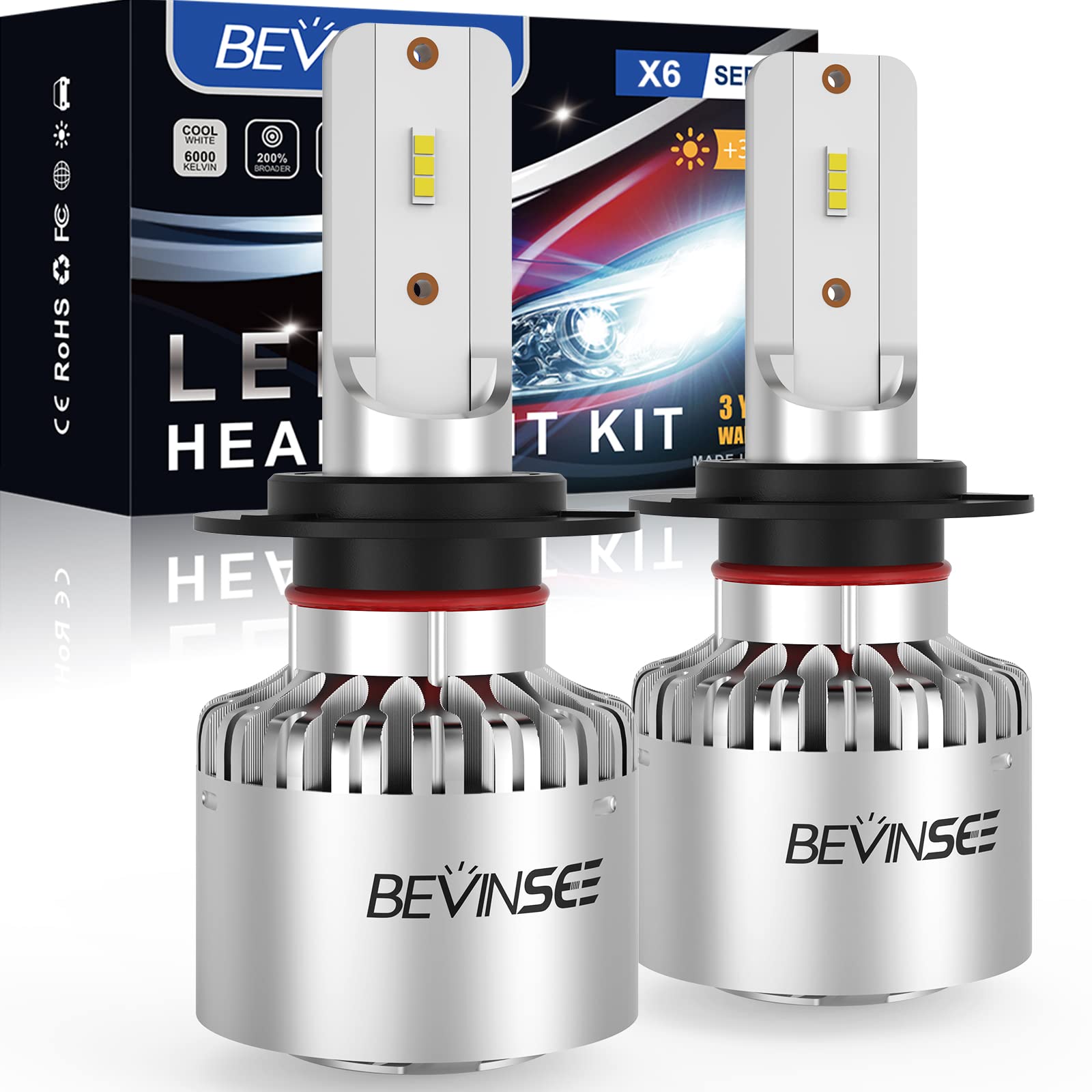 Bevinsee H7 LED Headlight Bulbs - 300% Brighter 6000K Cool White Light, Plug and Play Conversion Kit, Halogen Replacement Bulbs (Pack of 2) - Perfect for Night Driving & Off-Road Vehicles