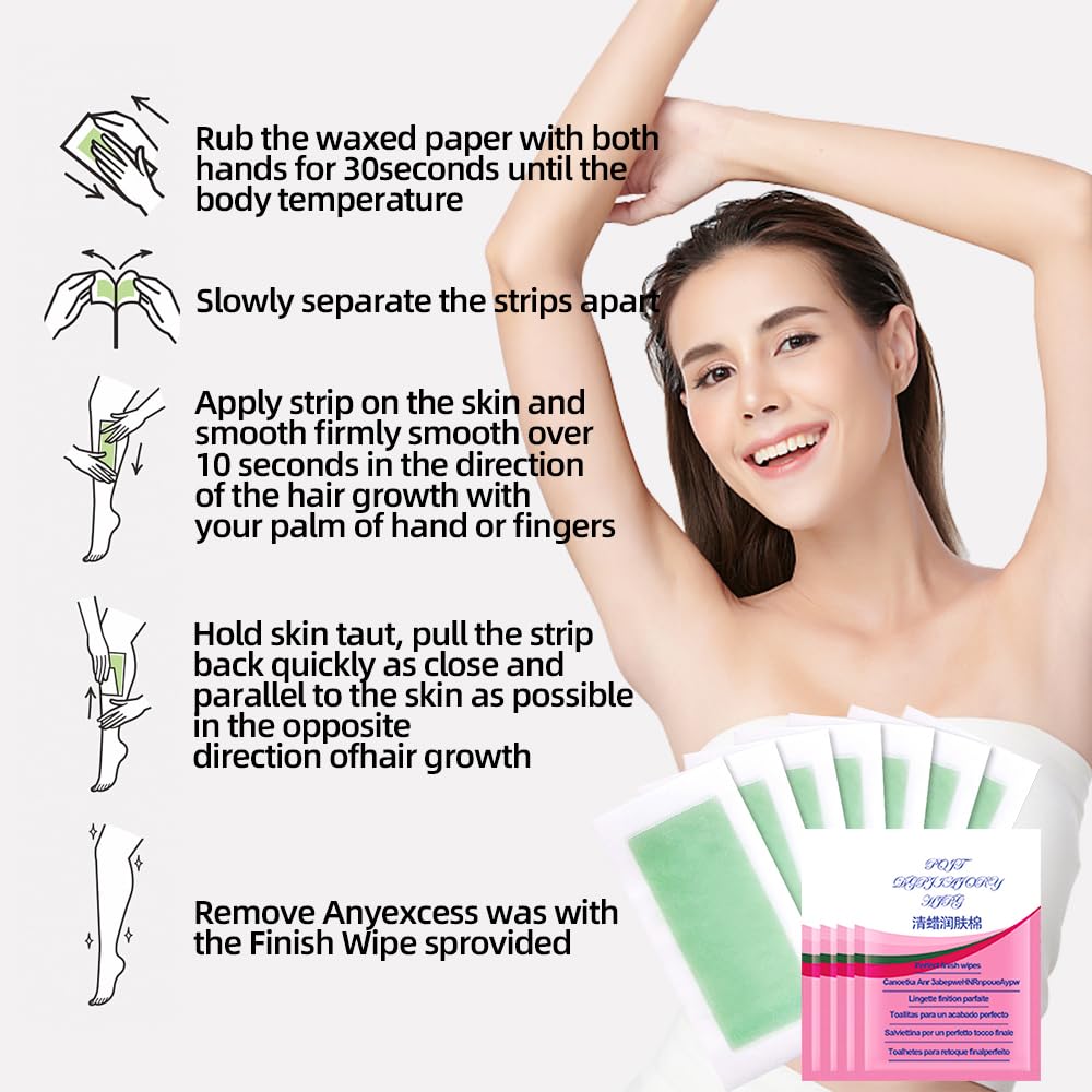 Professional Hair Removal Wax Strips for Bikini, Brazilian, Arms, Legs, Chest & Back - Home Waxing Kit for Women & Men with 40 Wax Strips & 6 Body Wipes (Green) - Perfect for At-Home Spa Days & Smooth Skin Care Routine