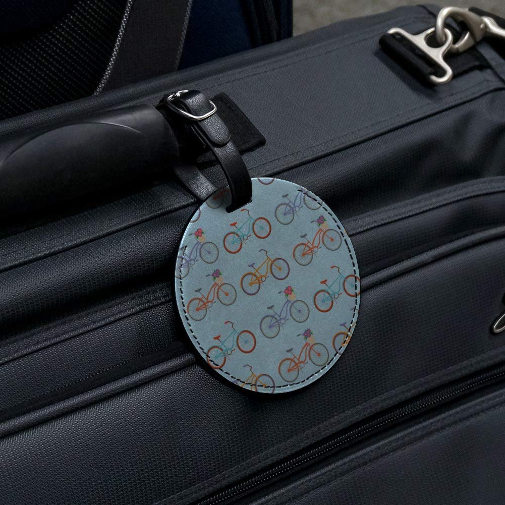 Vintage Leather Luggage Tag with Bicycle Pattern - Round Carry-On ID Tag for Suitcases, Backpacks & Travel Bags - Perfect for Business Trips, Vacations & Commuting