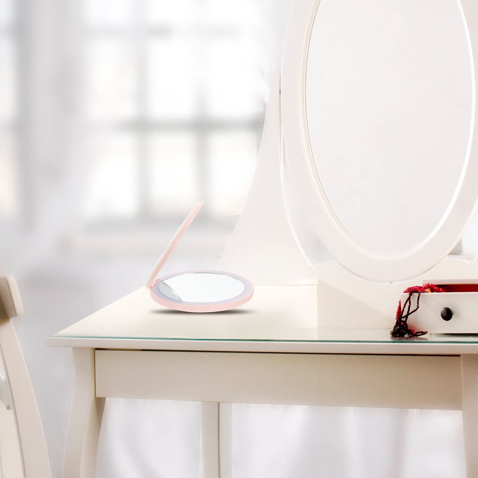 OSALADI Travel Mirror with LED Lights - Rechargeable Folding Makeup Mirror for Women & Girls | Portable Vanity Mirror with Bright Illumination | Perfect for Travel, Home, and Salon Use (White)