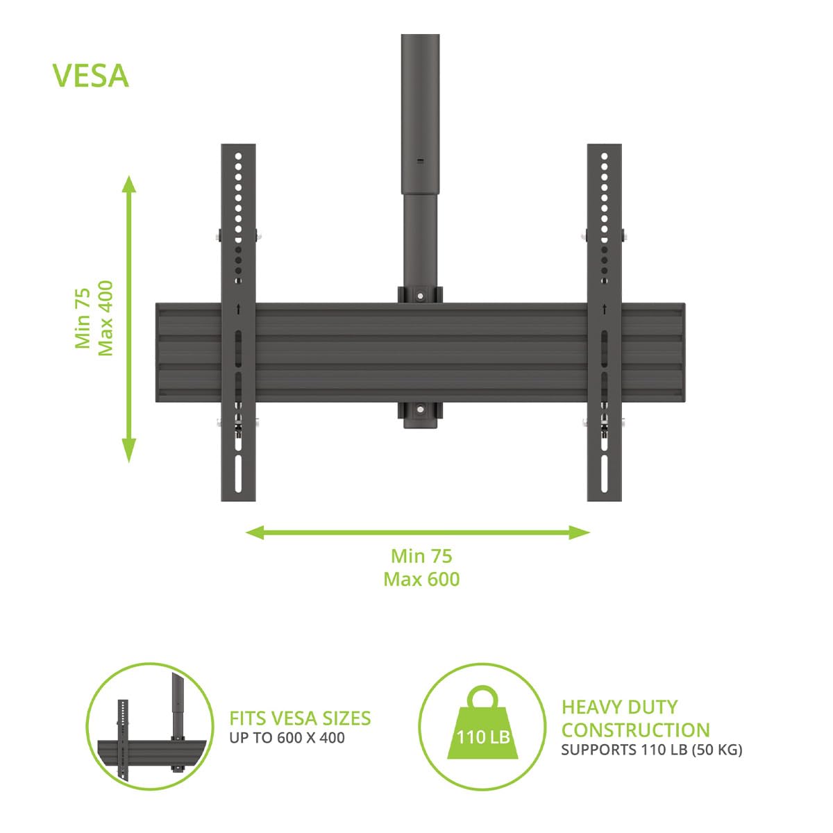 Kanto CM600SG Heavy Duty Stainless Steel Outdoor Ceiling TV Mount Bracket for 37-70 Inch Flat Screen TVs | Weatherproof Black Design | Perfect for Patio, Backyard, and Commercial Use