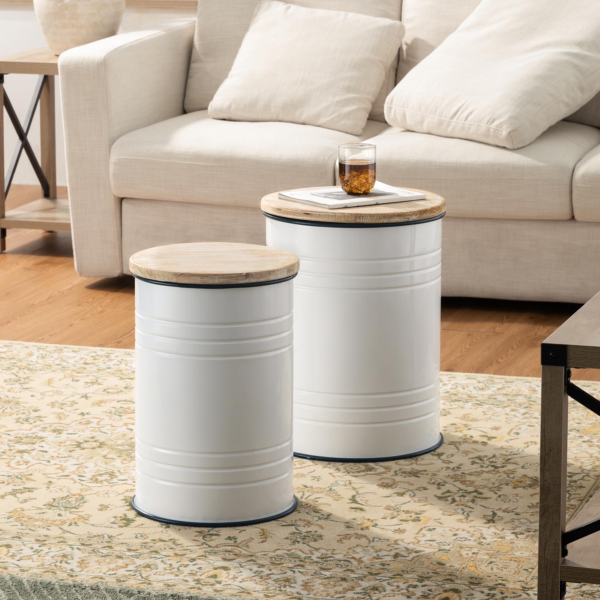 Glitzhome Rustic Storage Ottoman Seat Stool - Farmhouse End Table with Galvanized Dark Blue Rim & Round Wood Lid - Imitation Enamel Accent Side Table Toy Storage Bin for Living Room, Bedroom, Nursery - Set of 2 in White - Perfect for Home Decor, Extra Seating & Organization