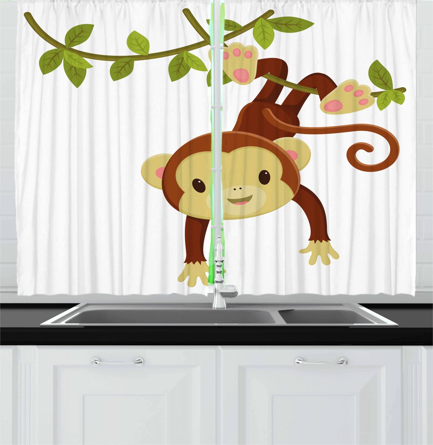 Playful Monkey Hanging on Liana Cartoon Kitchen Curtains - Ambesonne Savannah Character Print Drapes, 2 Panels with Rod Pocket, 55