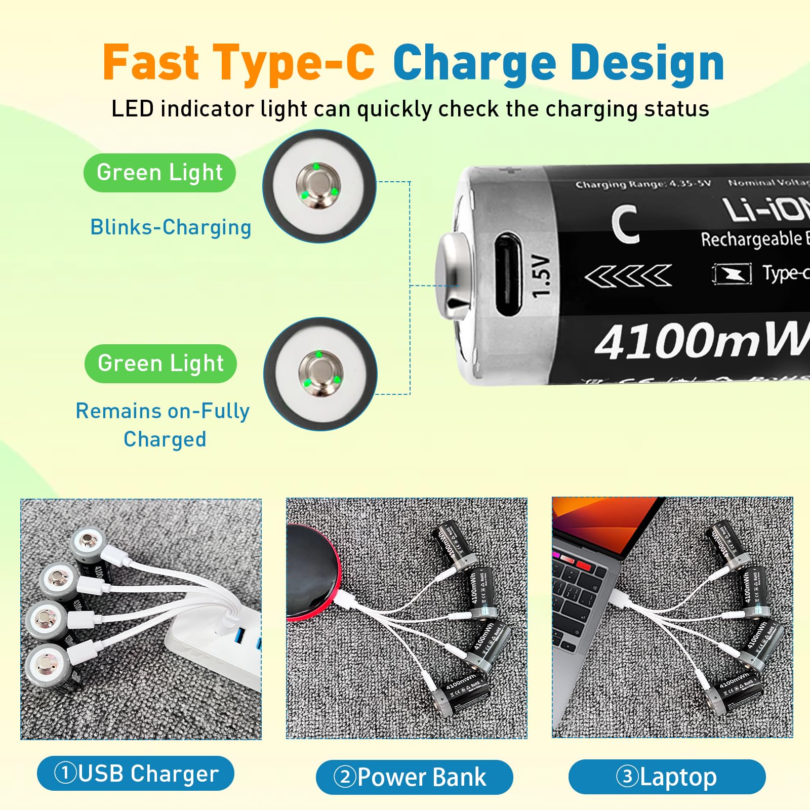 Rechargeable 1.5V Lithium C Batteries with USB-C Cable - 4100mWh C Size Li-ion Batteries (4 Pack) for Flashlights, Lanterns, Camping Gear & Emergency Power Supply