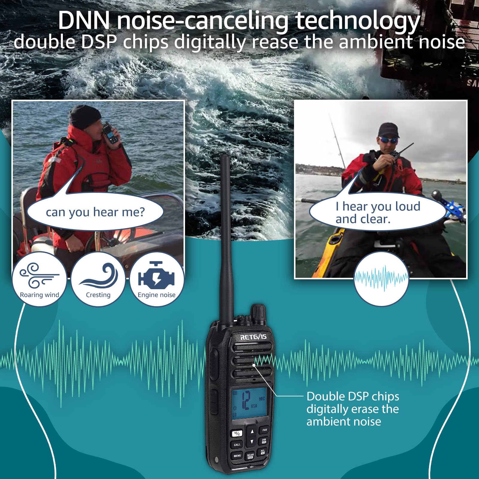 Retevis RM21 Waterproof Floating Handheld Marine VHF Radio - IP67 Submersible, Noise Cancelling, 1800mAh Battery, LCD Backlit Display, NOAA Weather Alerts - Perfect for Boating, Fishing & Marine Construction Safety