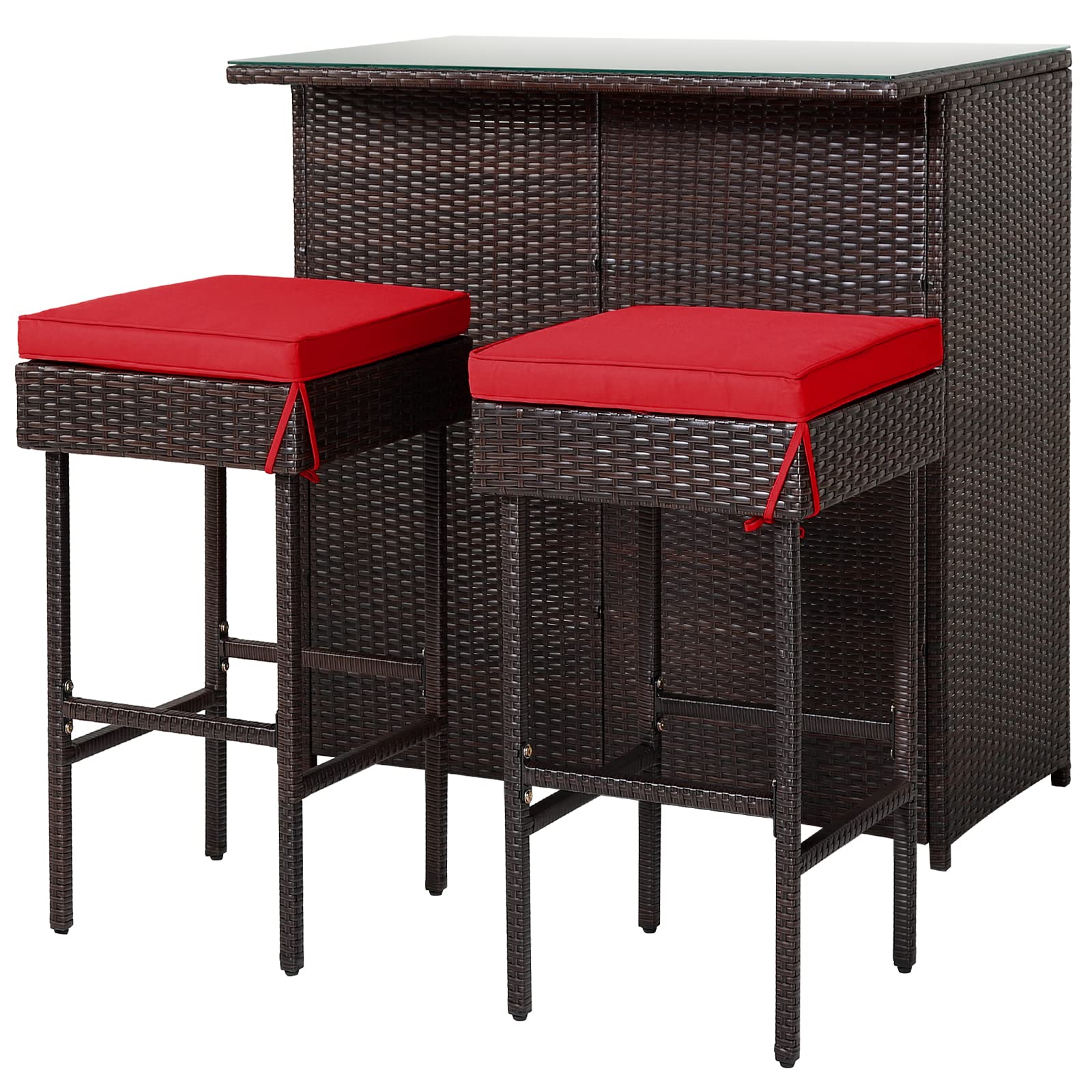 RELAX4FLIE 3-Piece Outdoor Bar Set - Patio Wicker Bar Height Table with 2 Cushioned Stools, 2 Open Shelves & Tempered Glass Table Top - Rattan Bar Table Set for Poolside, Garden, Backyard & Outdoor Entertaining (Red)