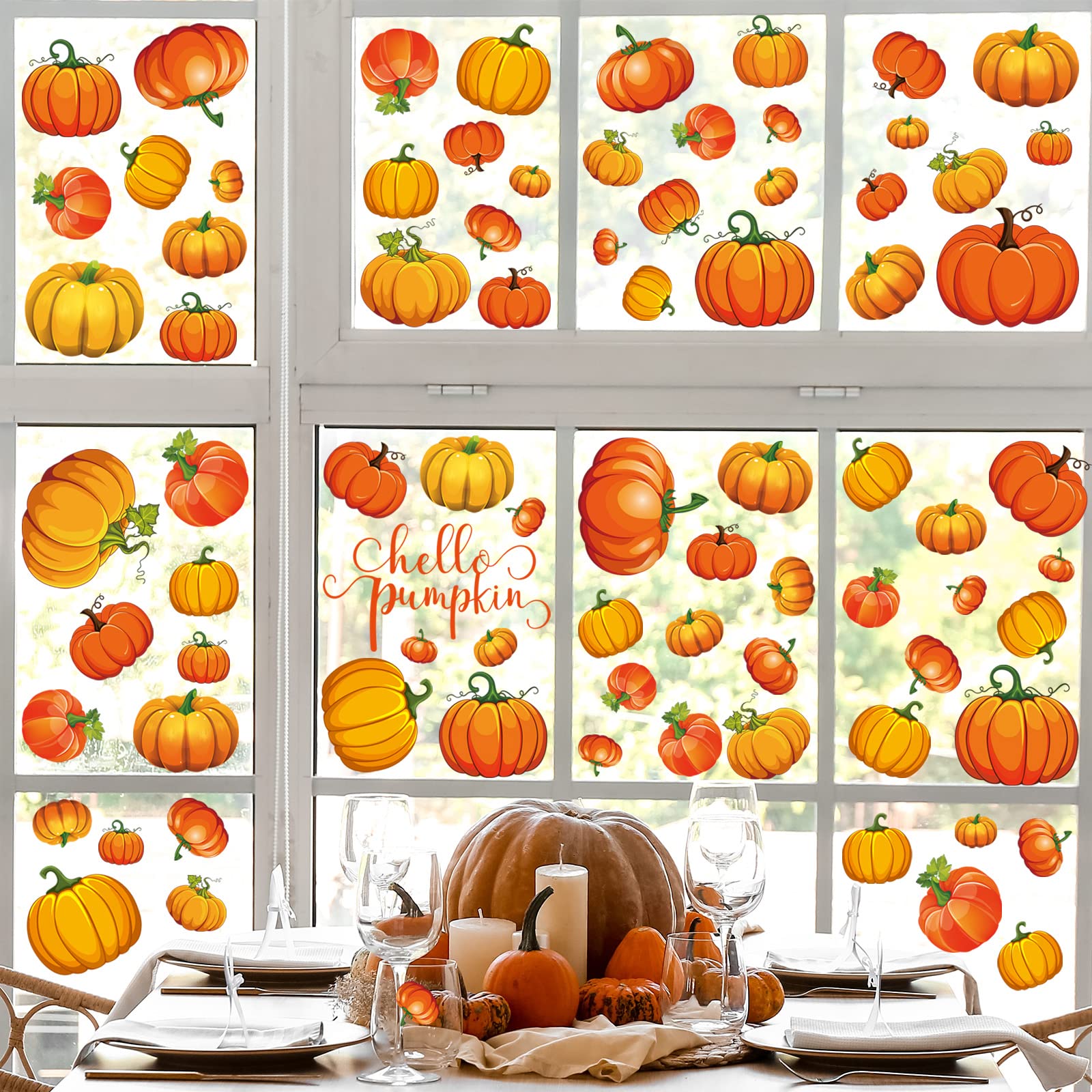 Whaline 9-Sheet Double-Sided Pumpkin Window Clings | Fall Autumn Thanksgiving Window Decals | Harvest Home Decor & Seasonal Gifts | Perfect for Halloween, Thanksgiving Decor & Classroom Activities
