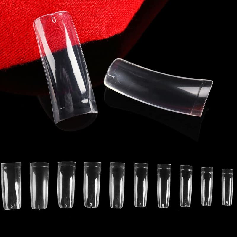 FAMEZA 100 Pcs Curved Nail Tips Kit with Box - Tapered Square Hawk Curve Fake Nails, Half Cover Clear Press On Nails for Salon & DIY Nail Art (10 Sizes) - Perfect for 80s 90s Retro Style, Parties & Special Occasions