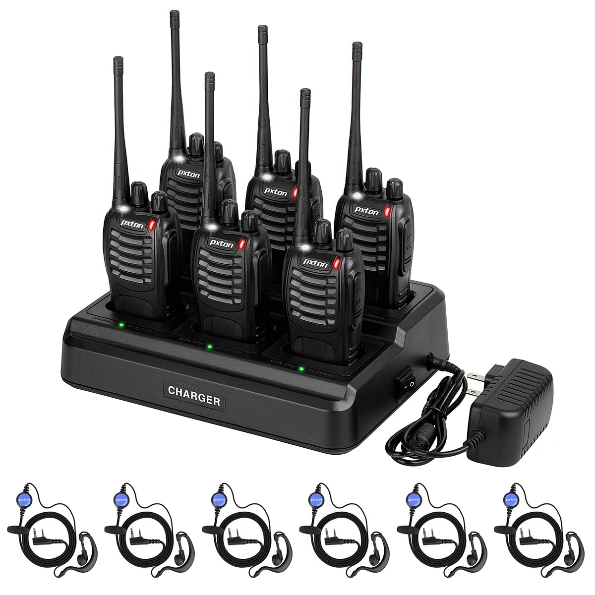 Long Range Walkie Talkies for Adults - Rechargeable Two Way Radios with Upgraded Earpiece, 6-Way Multi Gang Charger & Li-ion Battery (6 Pack) - Perfect for Outdoor Adventures, Construction Sites, and Emergency Communication