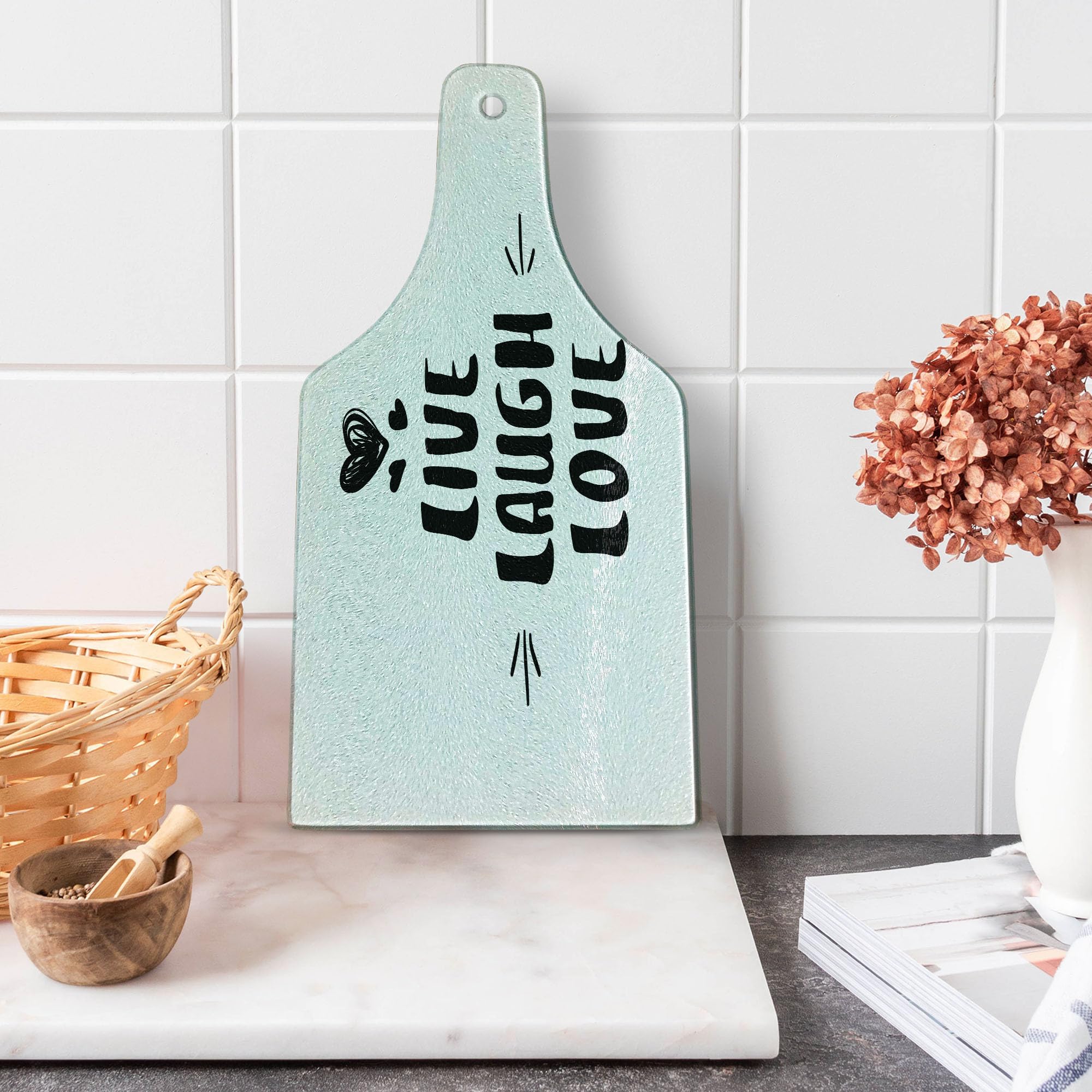 Ambesonne Live Laugh Love Wine Bottle Shaped Cutting Board - Black & White Doodle Hearts Design - Tempered Glass Serving Board for Kitchen & Entertaining - Perfect for Charcuterie, Cheese Display & Wine Pairing