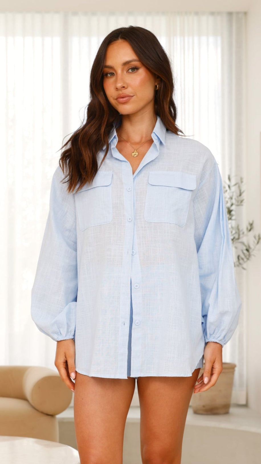 Bianca Oversized Button Up Shirt for Women - Casual Long Sleeve Loose Fit Blouse in Blue | Perfect for Work, Office, and Everyday Wear