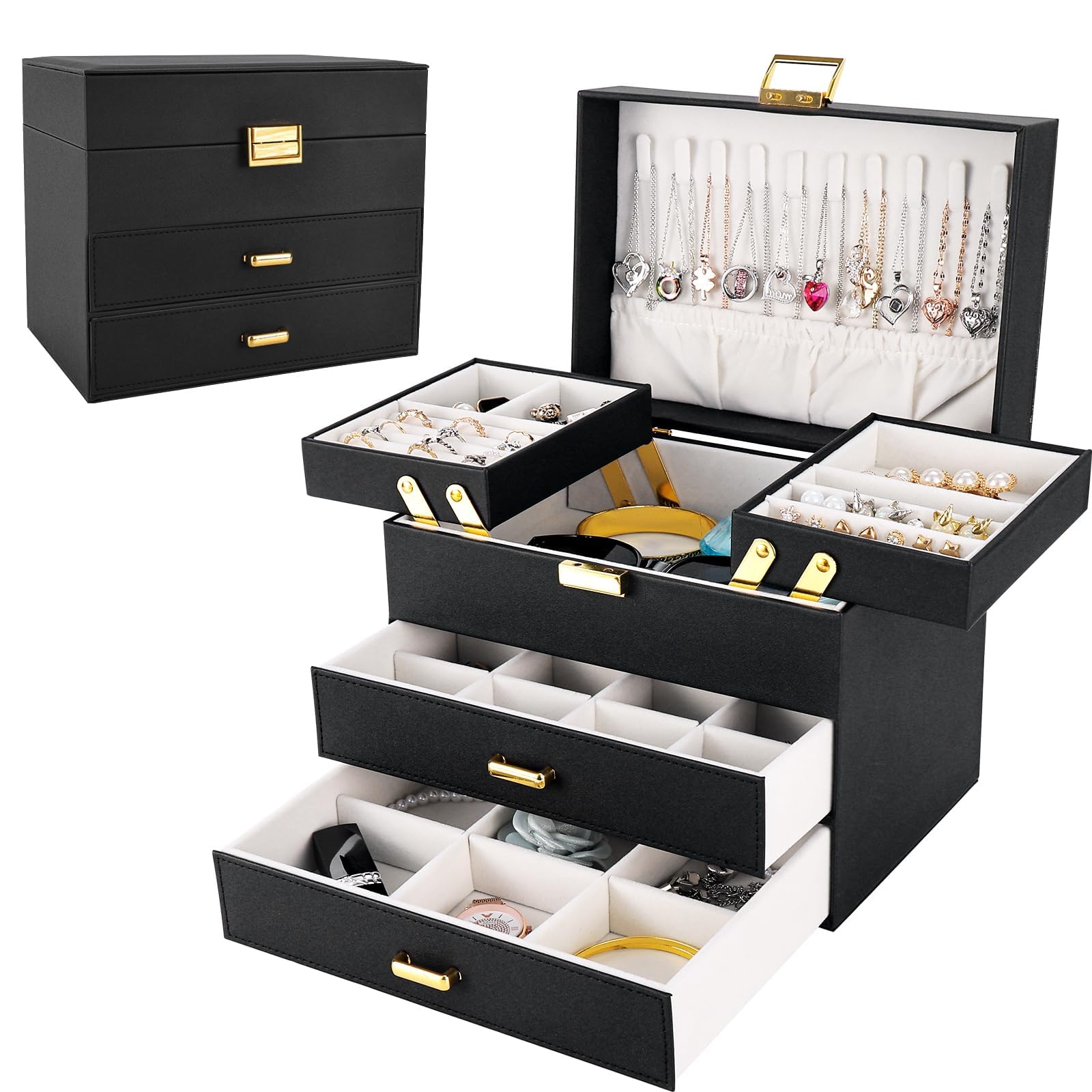 Dajasan 4-Layer Jewelry Box Organizer for Women - Large Jewelry Storage Case for Earrings, Rings, Necklaces & Bracelets - Perfect for Bedroom Vanity, Travel & Gift (Black)