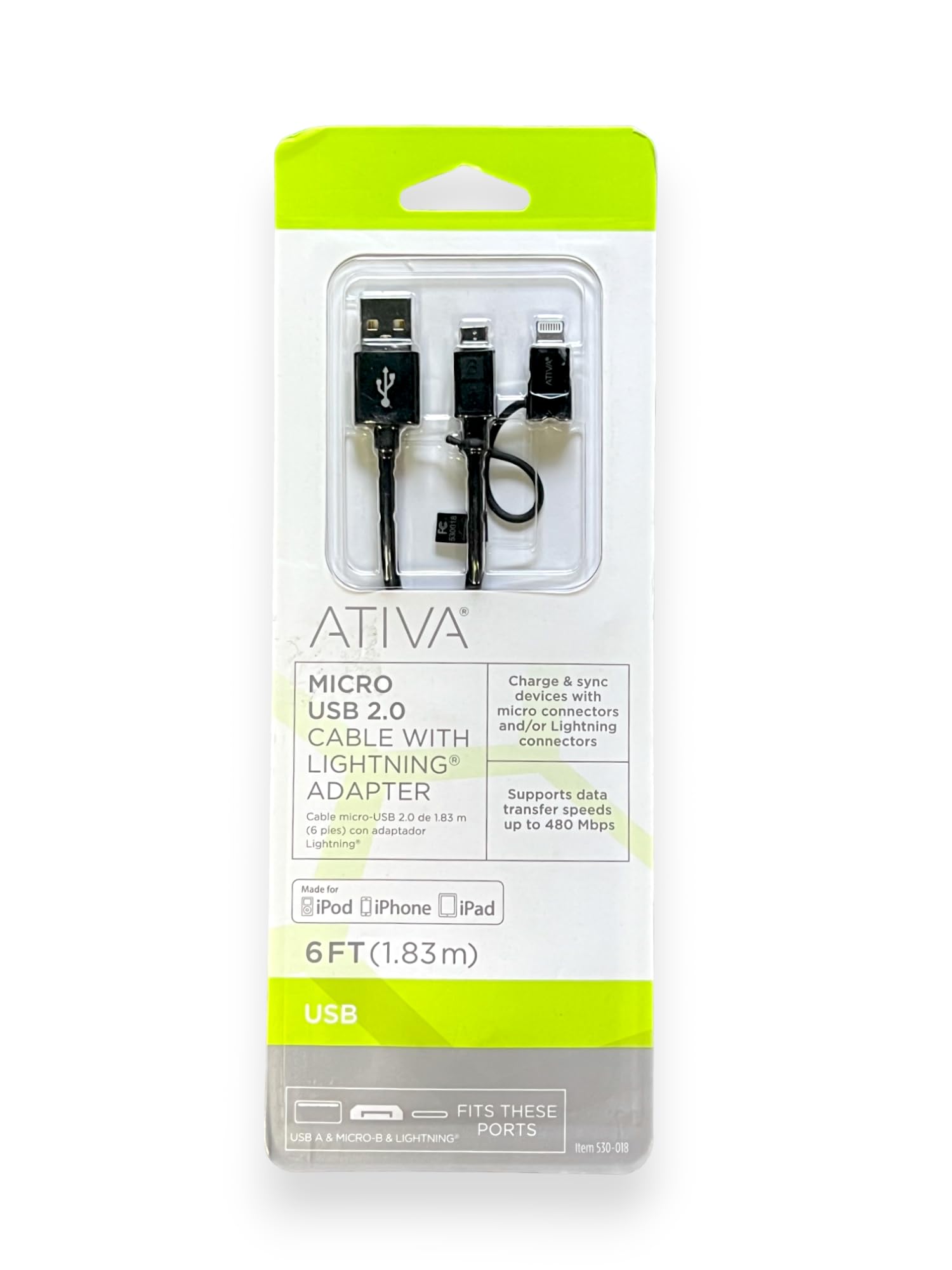 ATIVA 6ft Micro USB 2.0 Cable with Lightning Adapter - Fast Charging & Data Sync for iPhone, Android - Durable Black Charger Cord for Home, Office, Car, Travel (Model 27578)