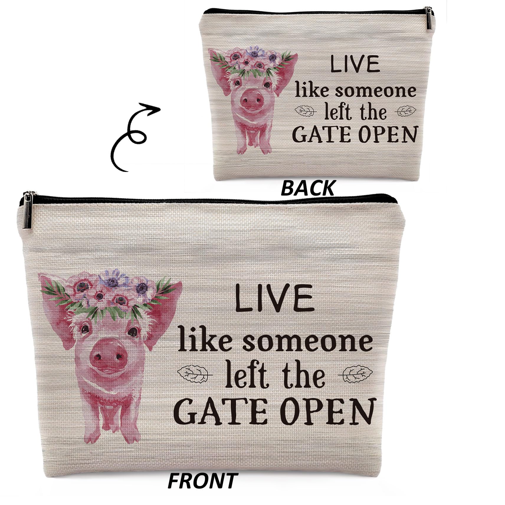 Farmhouse Floral Pig Makeup Bag - Cute Rustic Cosmetic Pouch with Zipper for Travel | Linen Makeup Organizer | Perfect Pig-Themed Gift for Women & Teen Girls | Great for Daily Use, Travel & Cosmetics Storage