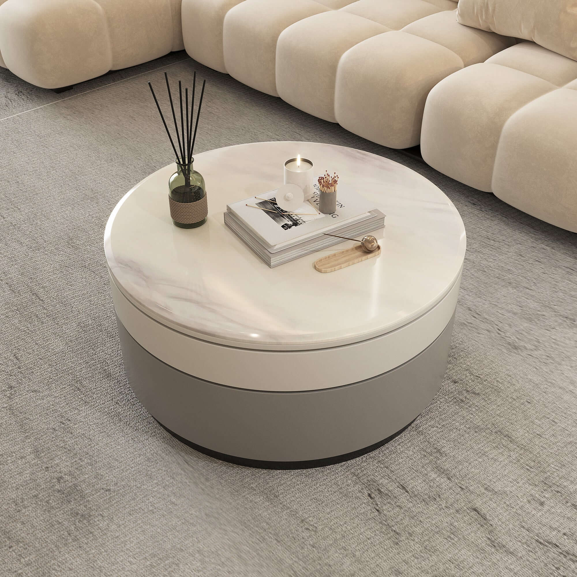 Rotating Round Coffee Table with Microcrystalline Stone Top - Modern Living Room Furniture for Home Decor & Entertainment
