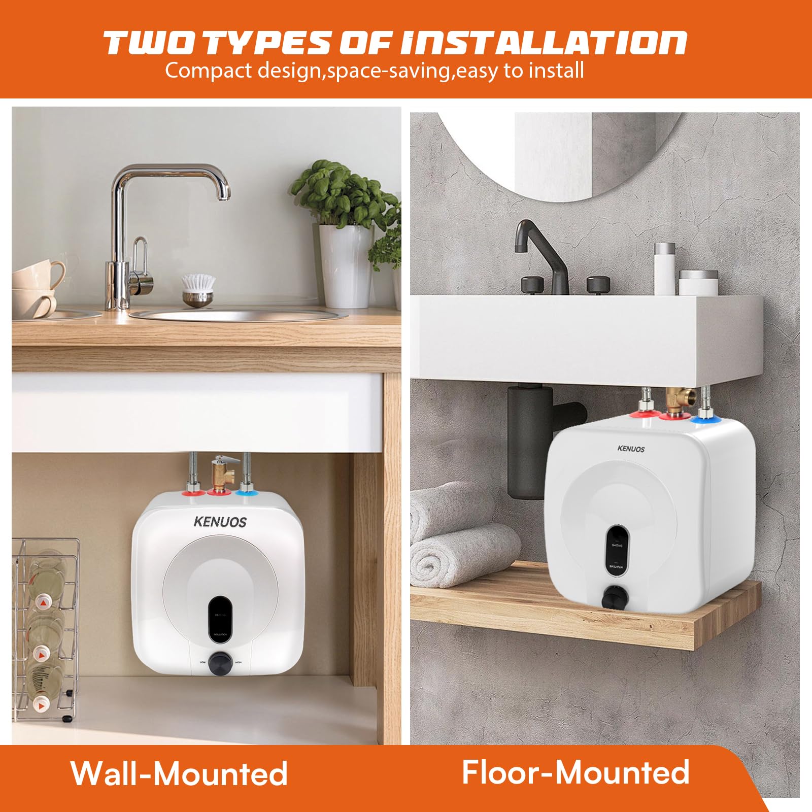 2.5 Gallon Mini Tank Water Heater - Under Sink Instant Hot Water System, 1500W 120V Compact Electric Water Heater with 1/2