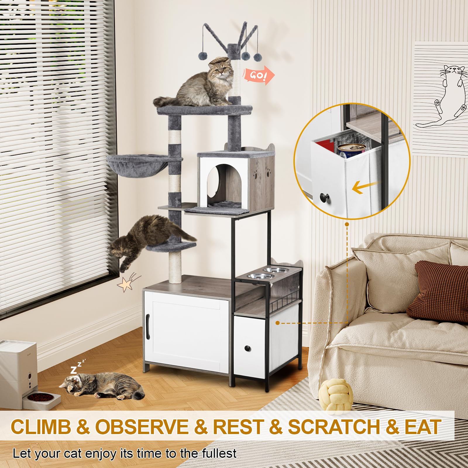 Snughome 3-in-1 Modern Cat Tree with Hidden Litter Box Enclosure - 67.32’’ Tall Cat Tower Furniture for Indoor Cats Featuring Condo, Food Station & Hammocks - All-in-One Grey Cat Furniture for Small Spaces & Apartments - Perfect for Play, Rest & Feeding Areas