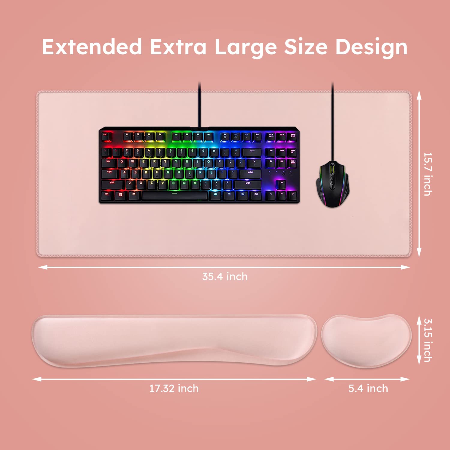 iCasso 3-in-1 Ergonomic Gaming Desk Mat Set - Extra Large 35.4x15.7 Inch Keyboard Mouse Pad with Wrist Rest Support - Ultra Thick Comfort for Typing & Pain Relief - Perfect for PC Gaming, Office Work & Home Computer Setup (Pink)