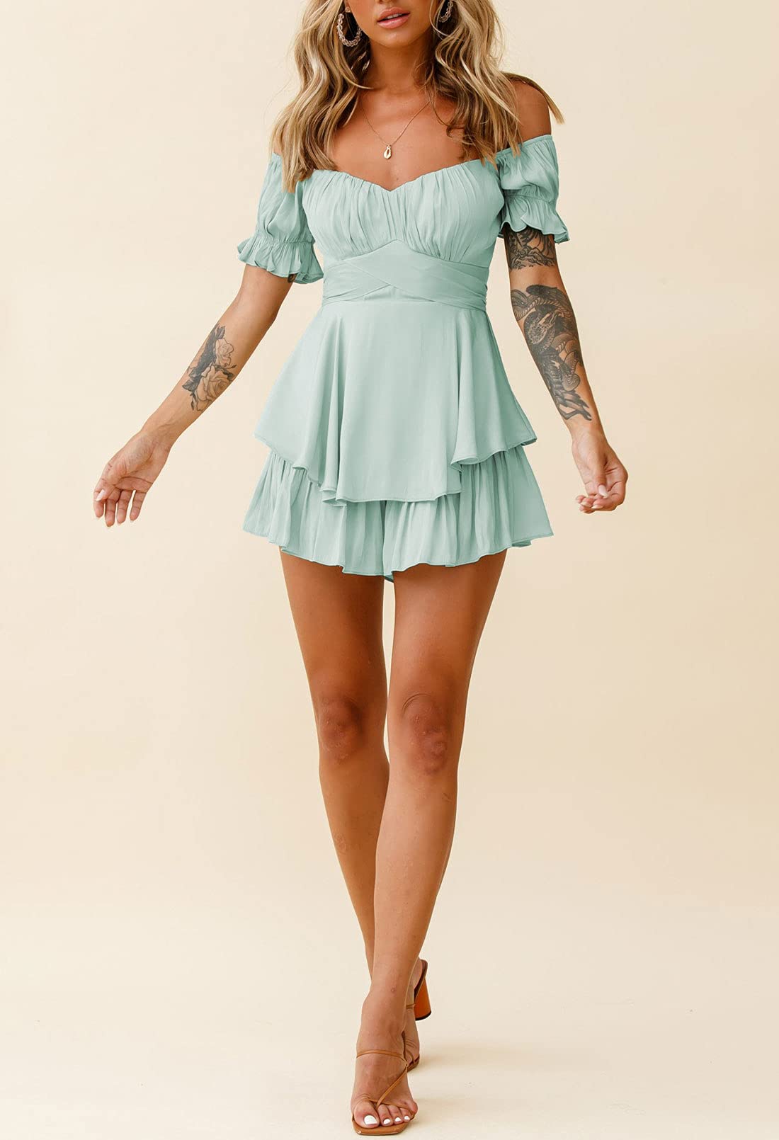 Fixmatti Women's Boho Romper - Off Shoulder Ruffle Chiffon Shorts Jumpsuit Playsuit for Summer Beach Vacation & Music Festival Outfits
