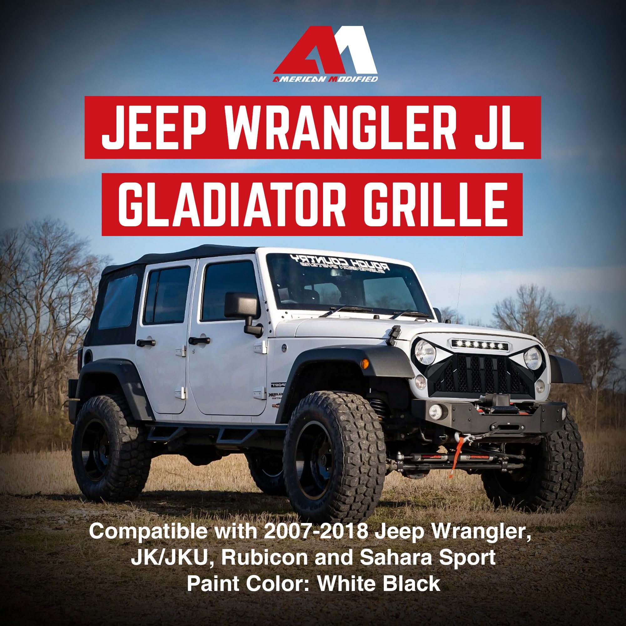 Black & White ABS Plastic Front Gladiator Grille with LED Off-Road Lights for 2007-2018 Jeep Wrangler JK - Durable Aftermarket Replacement for Off-Roading & Adventure
