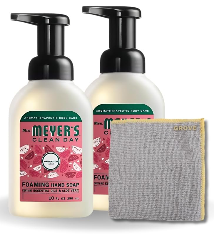 GROVE Clean Day Organic Watermelon Scent Foam Hand Soap 10 oz (3-Pack) with Microfiber Cloth - Natural Moisturizing Hand Wash for Kitchen, Bathroom & Office - Refreshing Scent for Daily Hand Hygiene & Gentle Skin Care
