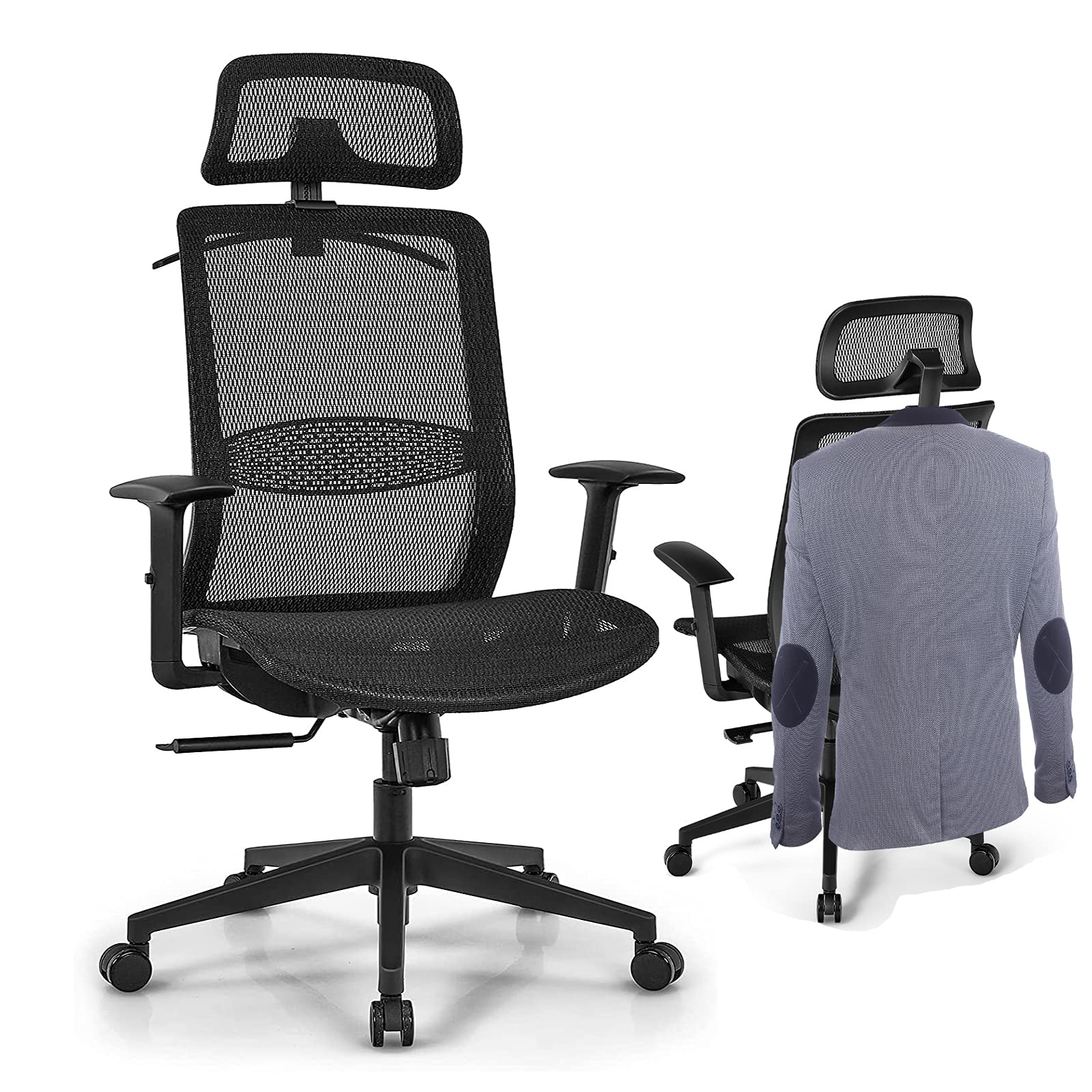 Ergonomic Office Chair with Adjustable Headrest & Lumbar Support - High Back Mesh Computer Chair, Swivel Rolling Task Chair with Clothes Hanger for Home & Office Workspace (Black) - Perfect for Long Hours Sitting, Gaming, and Remote Work