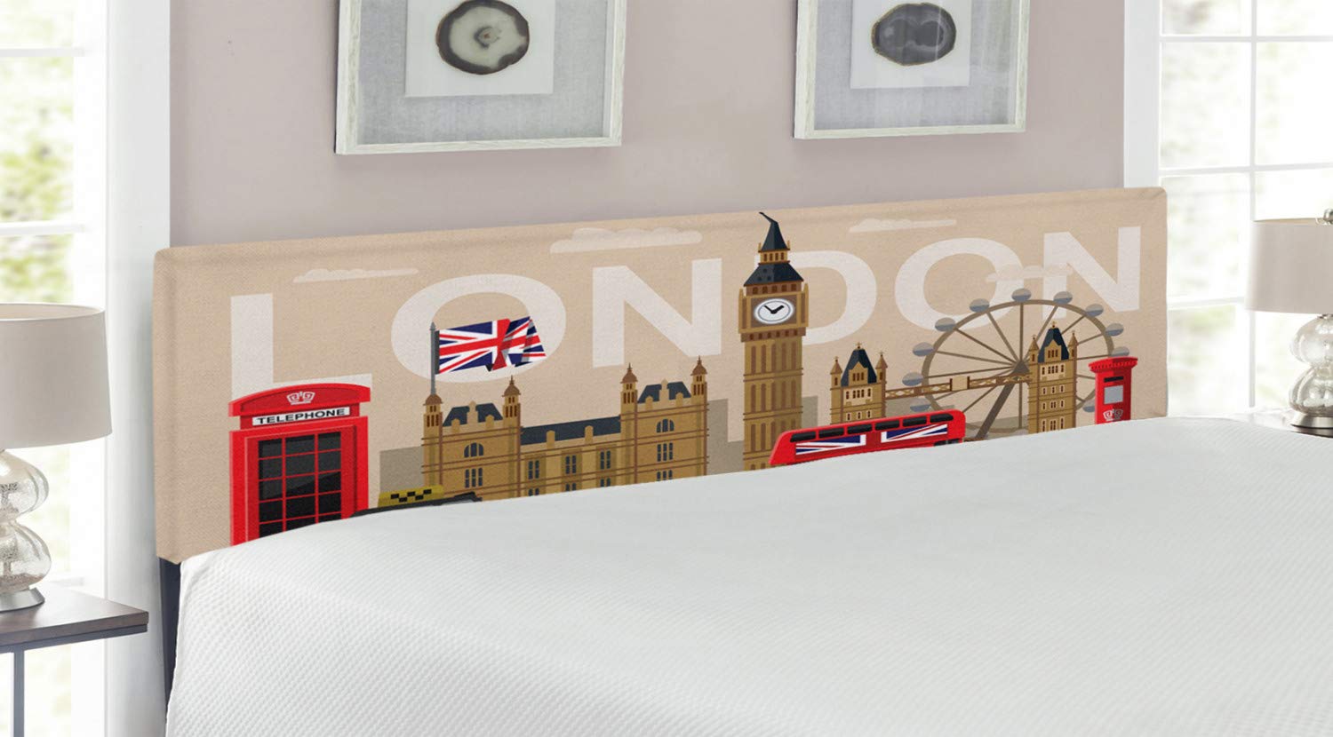 Ambesonne London Headboard - Famous British Landmarks & Monuments Art Print, Upholstered Decorative Metal Bed Frame with Memory Foam Padding, King Size Multicolor Travel-Themed Headboard | Perfect for Bedroom Decor, Guest Rooms & Vacation Home Styling