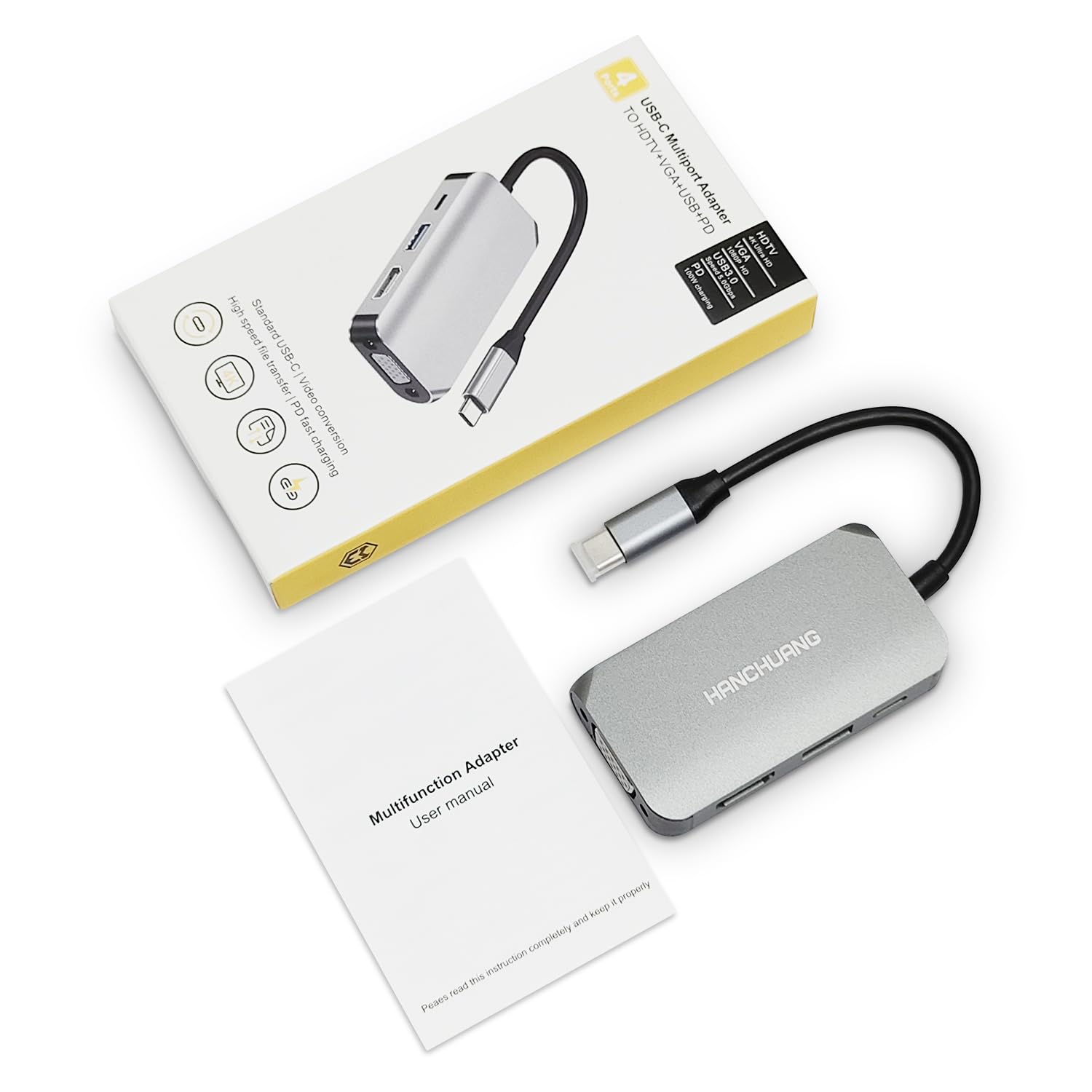 4-in-1 USB C to HDMI VGA Adapter with Thunderbolt 3, 4K HDMI Port, USB 3.0 & Power Delivery - Compatible with MacBook Pro/Air, iPad Pro, Dell XPS | Perfect for Home Office, Presentations & Multi-Screen Setup